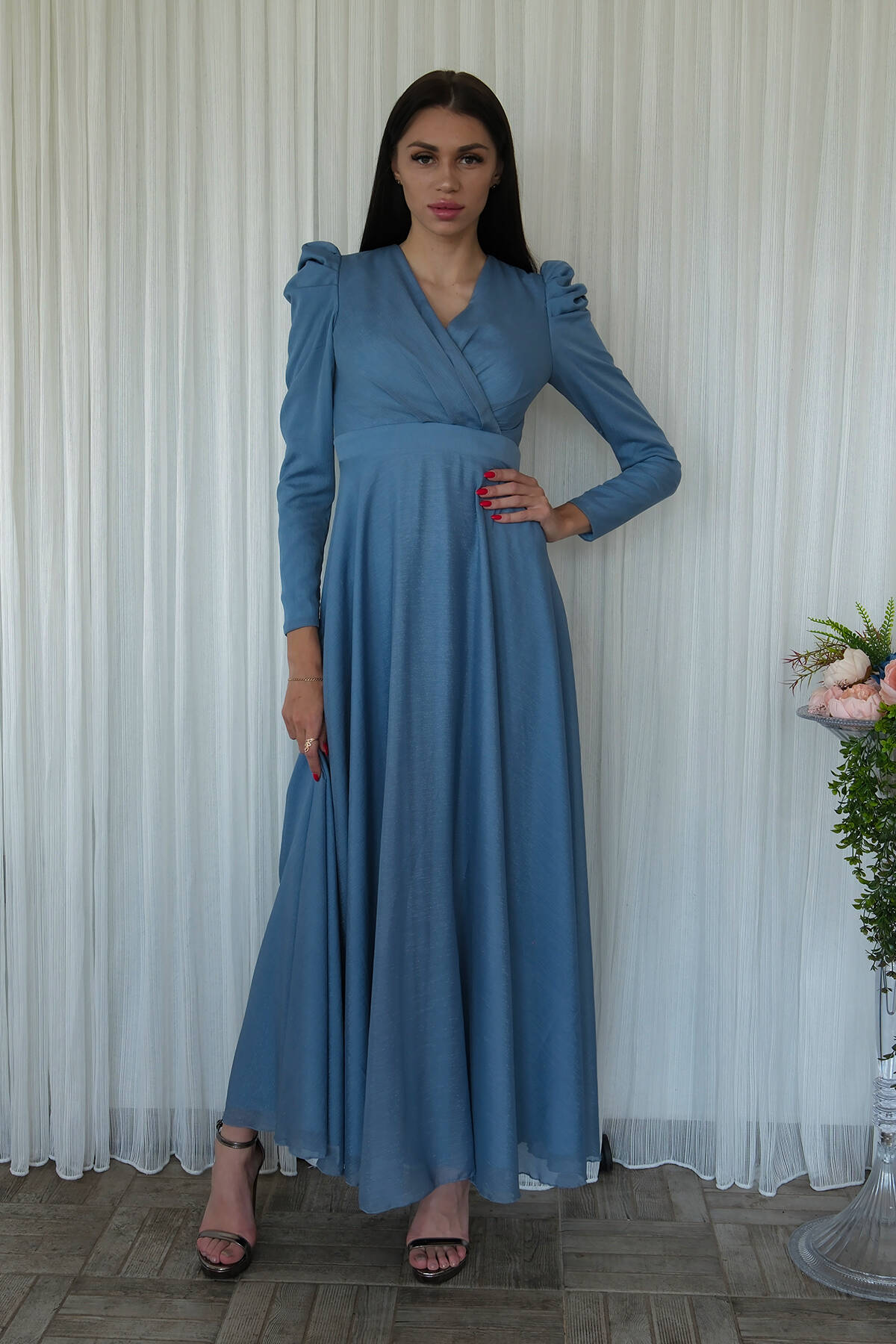 İndigo V Yaka Parıltılı Uzun Kollu Abiye 6502514.98 - Ardanewline (1)