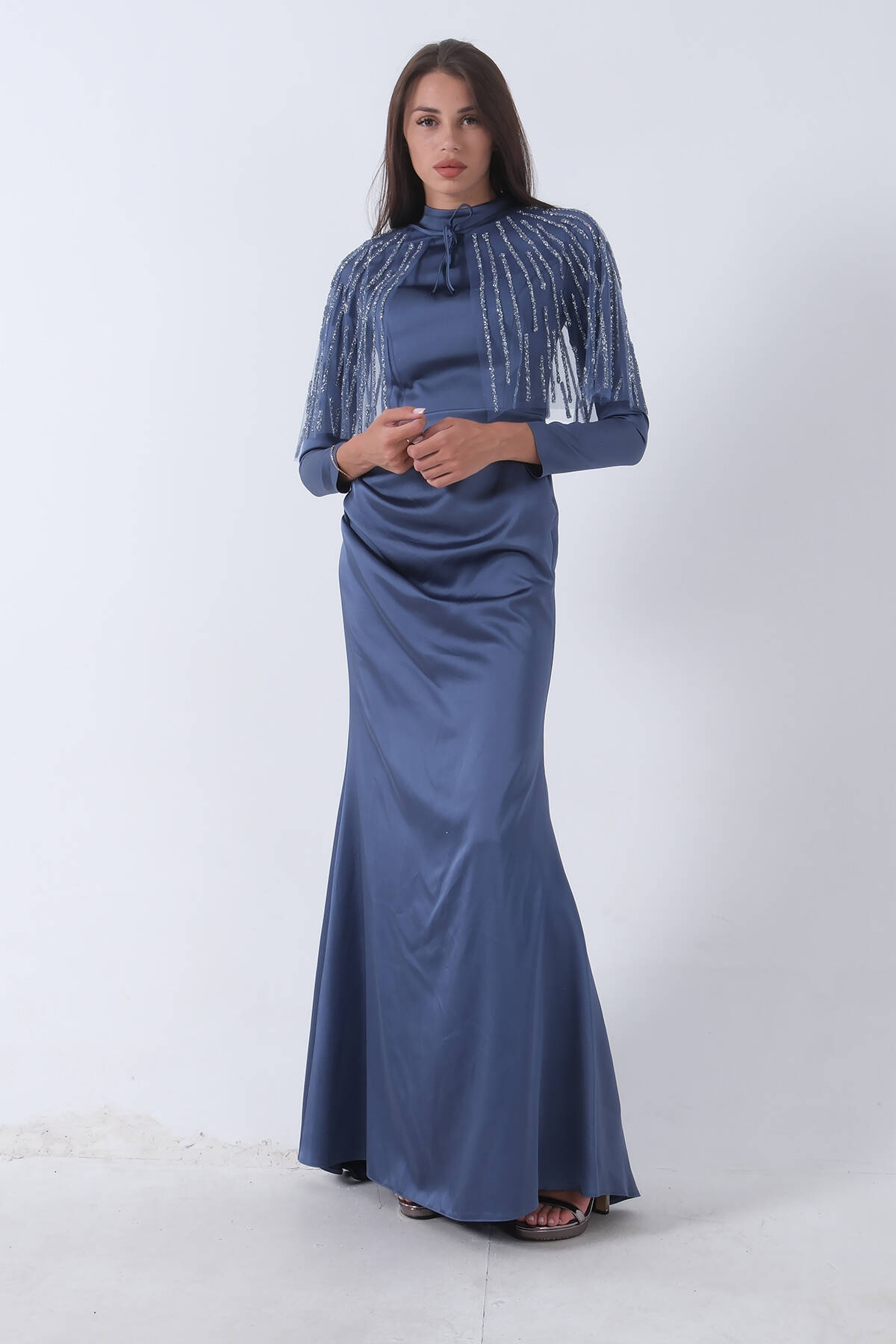 İndigo Yaka Seyyar Şal Ayrobin Eklemeli Tesettür Abiye 6502477.98 - Ardanewline