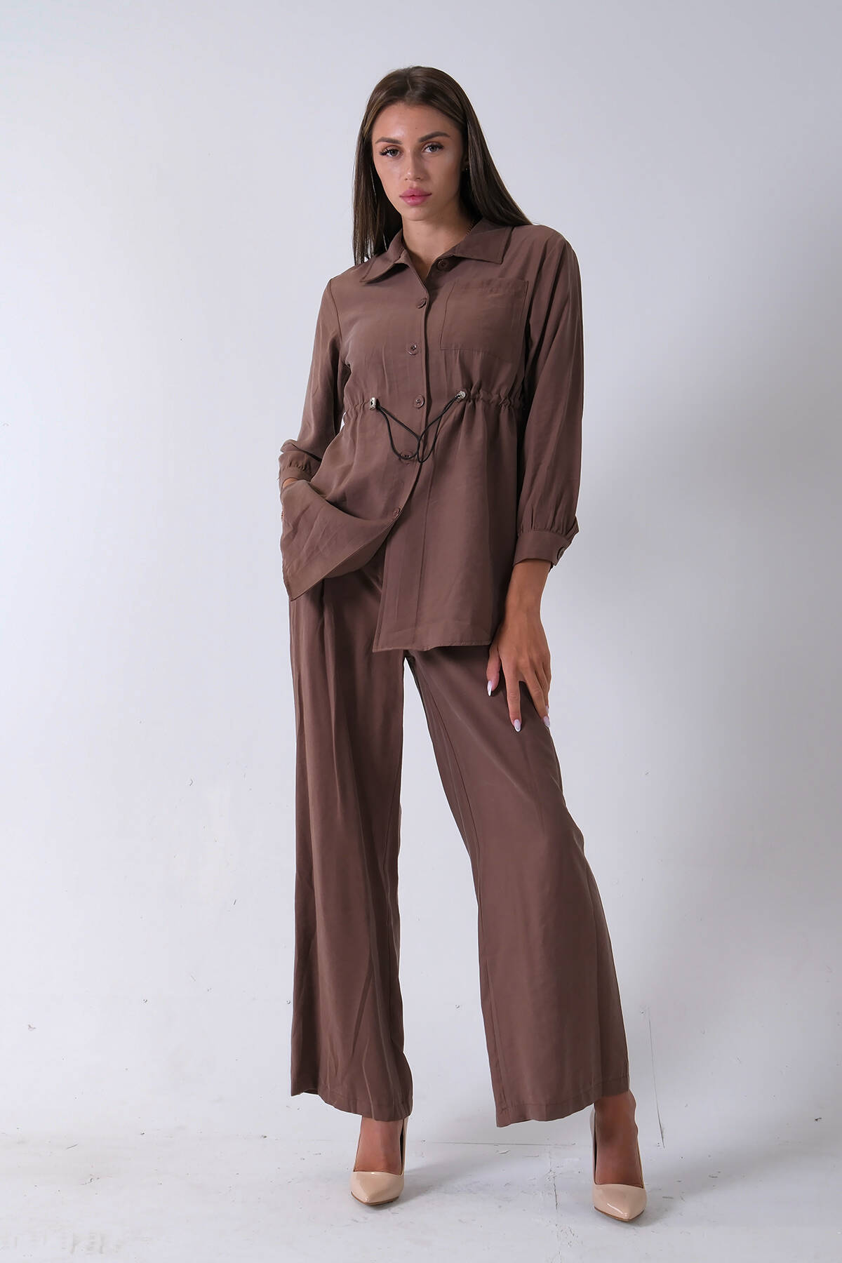 Kahve Beli Kemerli Gömlek Yaka Tunik Pantolonlu Takım 4592258.05 - Ardanewline