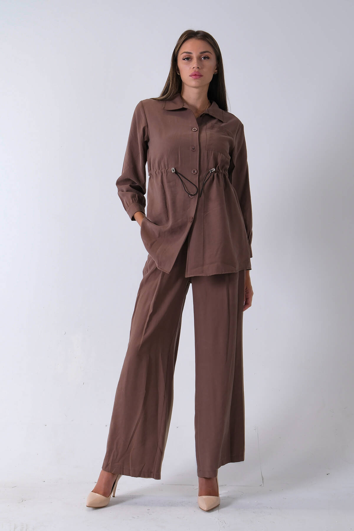 Kahve Beli Kemerli Gömlek Yaka Tunik Pantolonlu Takım 4592258.05 - Ardanewline (1)