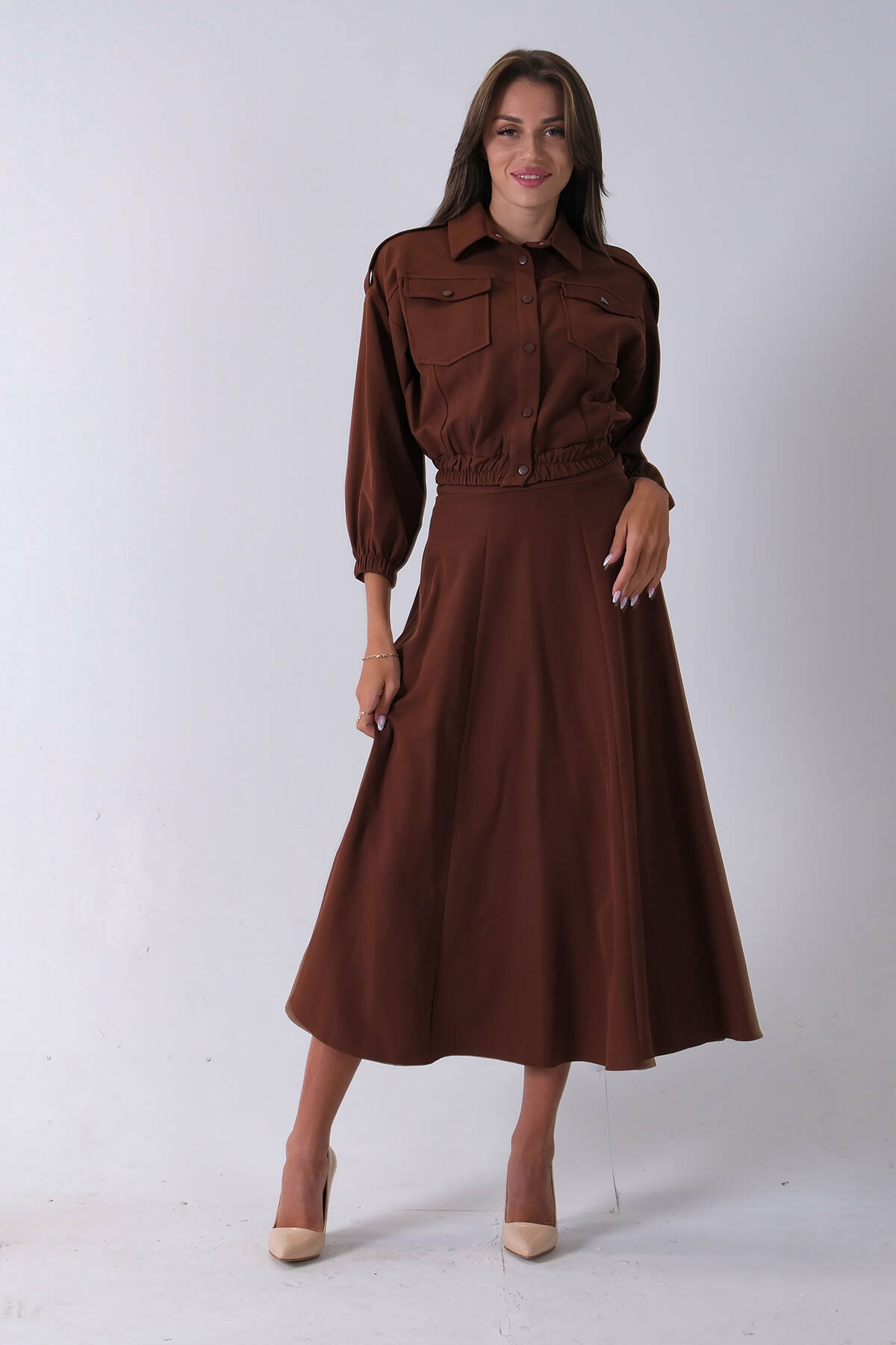 Kahve Beli Lastikli Cepli Ceket ve Etek İkili Takım 4595053.05 - Ardanewline