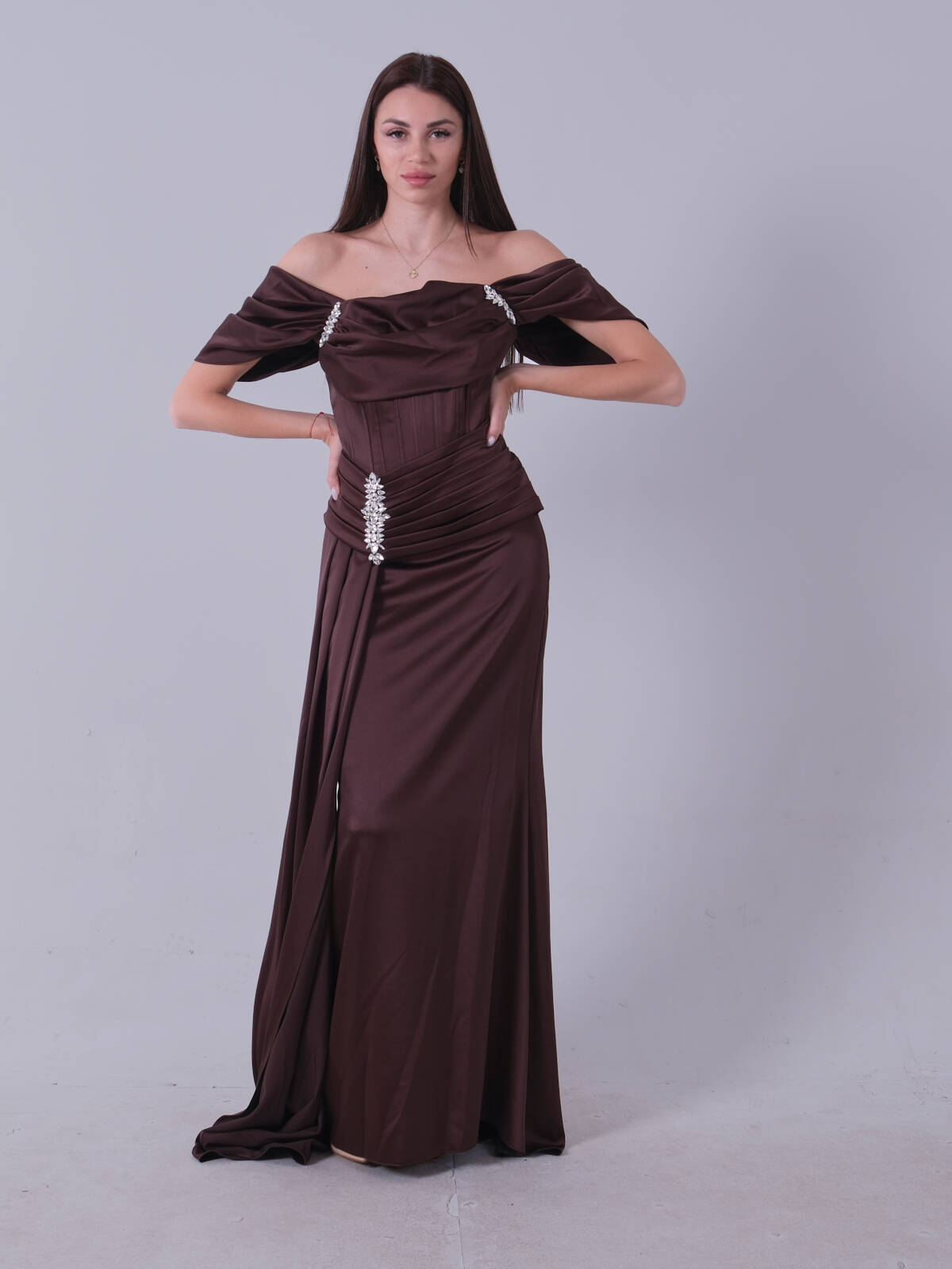 Kahve Beli ve Omzu Taş Detaylı Kuşaklı Abiye 0801206.05 - Ardanewline