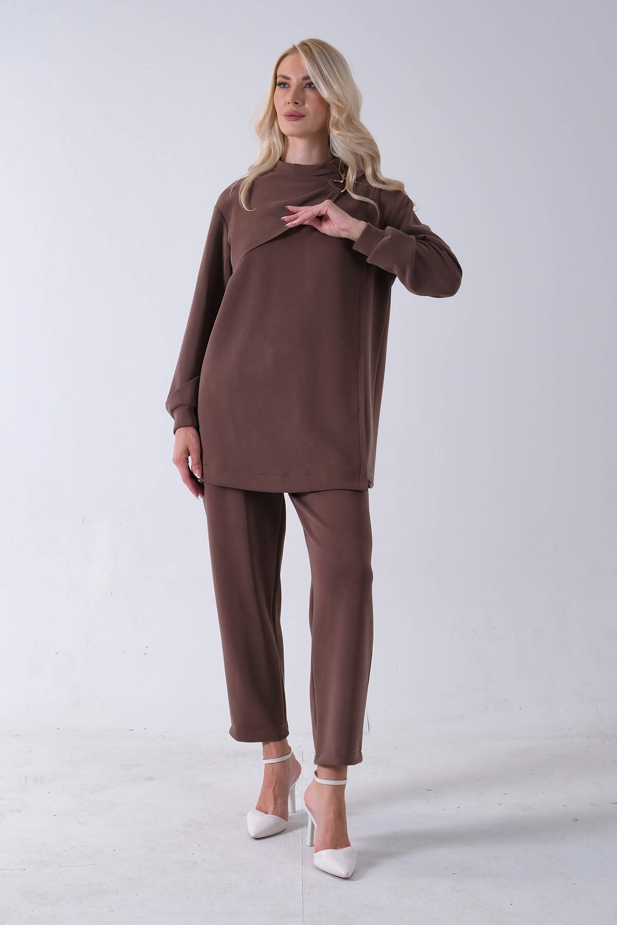Kahve Bileği Lastikli Tunik Üzeri Detaylı Pantolonlu Takım 4577260.05 - Ardanewline