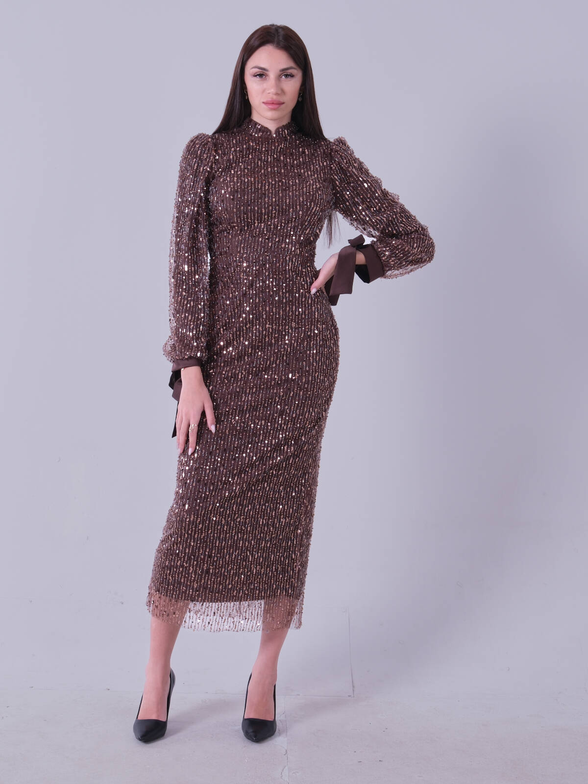 Kahve Bilek Ucu Saten Kurdele Pullu Tesettür Abiye 6502471.05 - Ardanewline