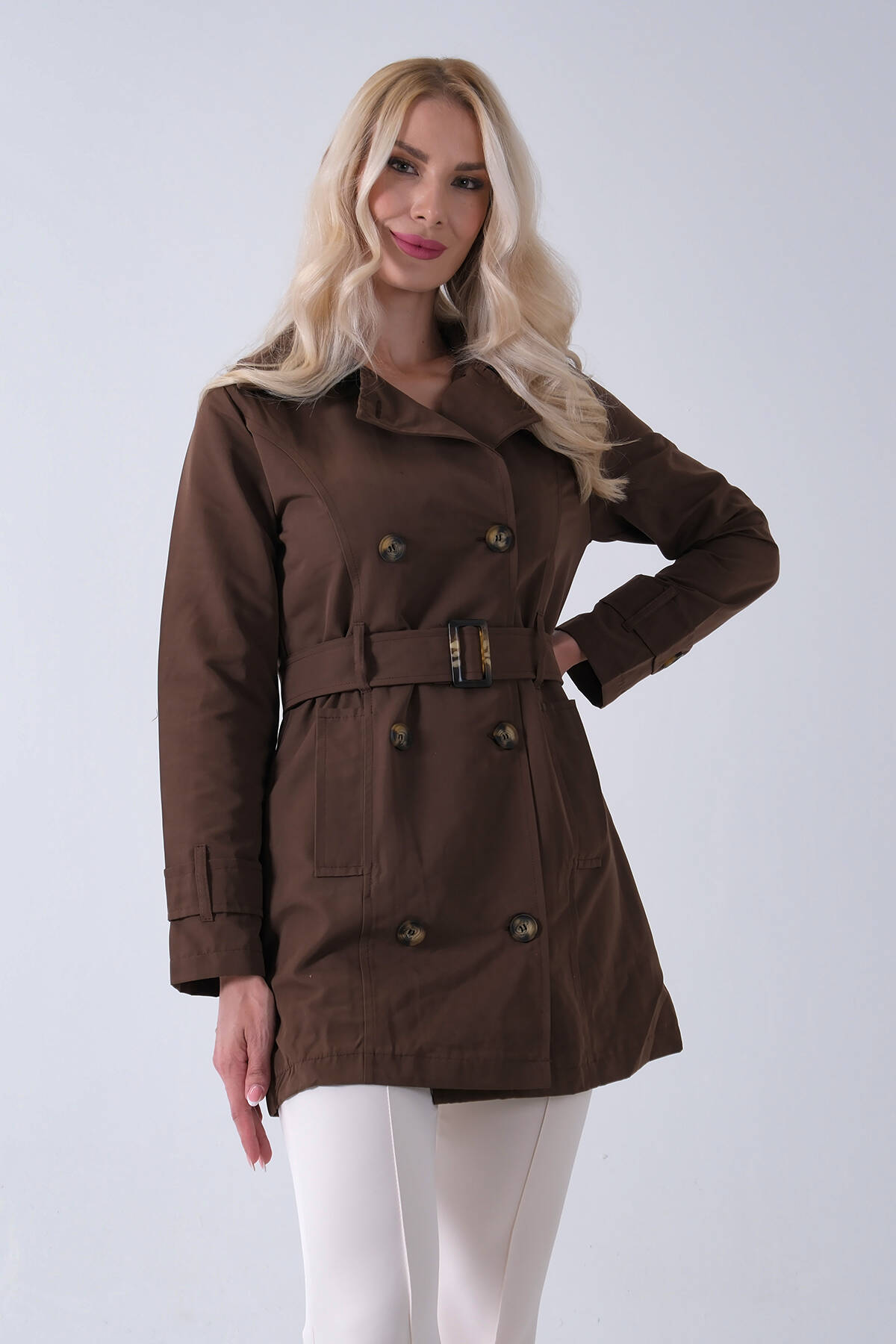 Kahve Bilek ve Omuz Apolet Detaylı Kemerli Düğme Kapamalı Trenç 4200829.05 - Ardanewline