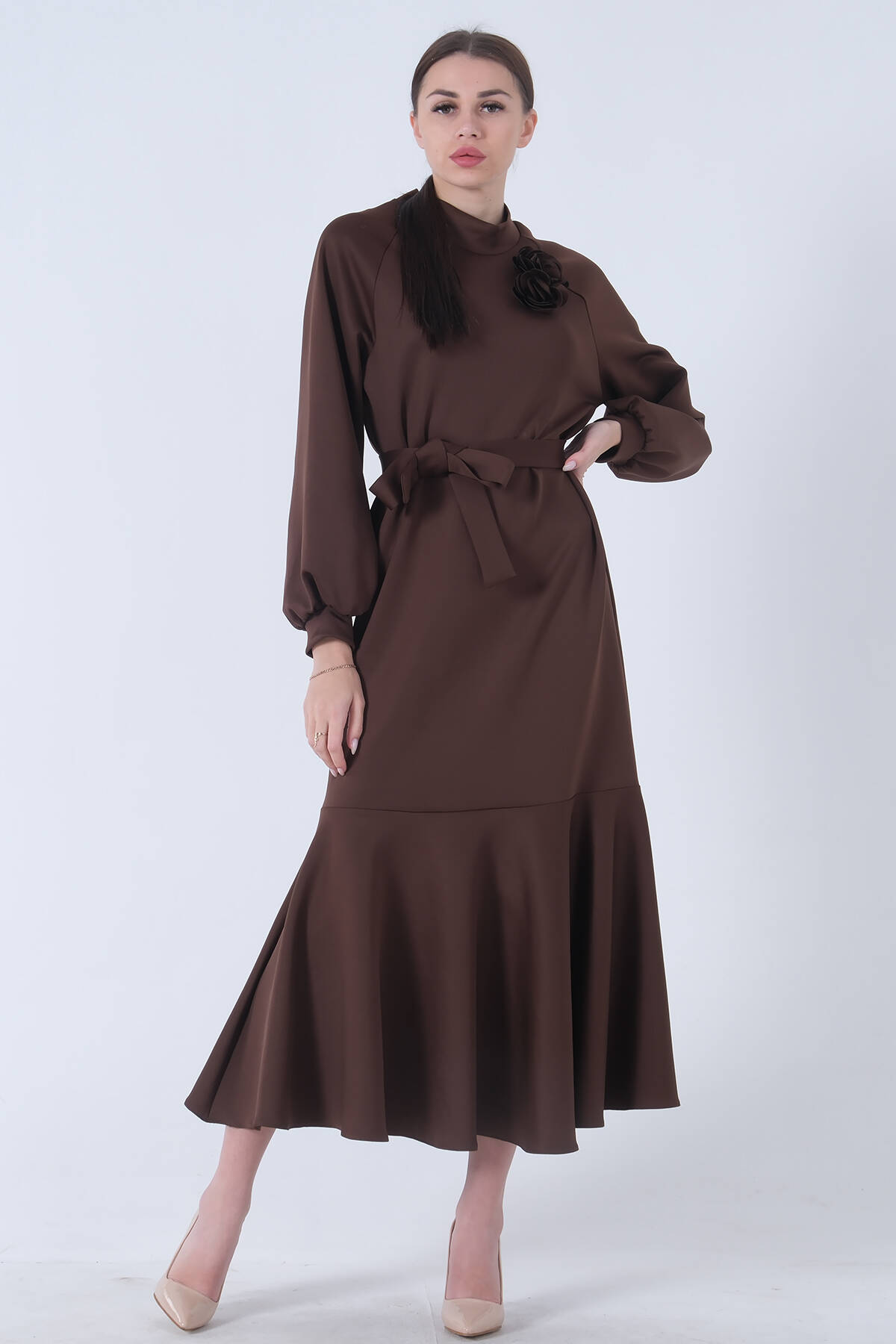 Kahve Bisiklet Yaka Belden Kuşaklı Elbise 4593266.05 - Ardanewline (1)