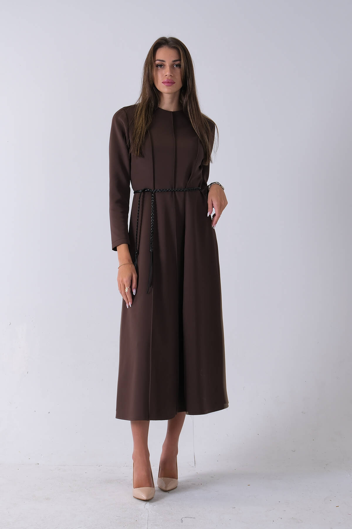 Kahve Bisiklet Yaka Önü Pile Detaylı Beli Kemerli Elbise 4593453.05 - Ardanewline (1)