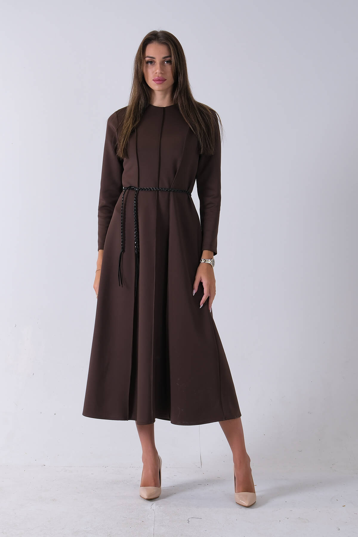 Kahve Bisiklet Yaka Önü Pile Detaylı Beli Kemerli Elbise 4593453.05 - Ardanewline