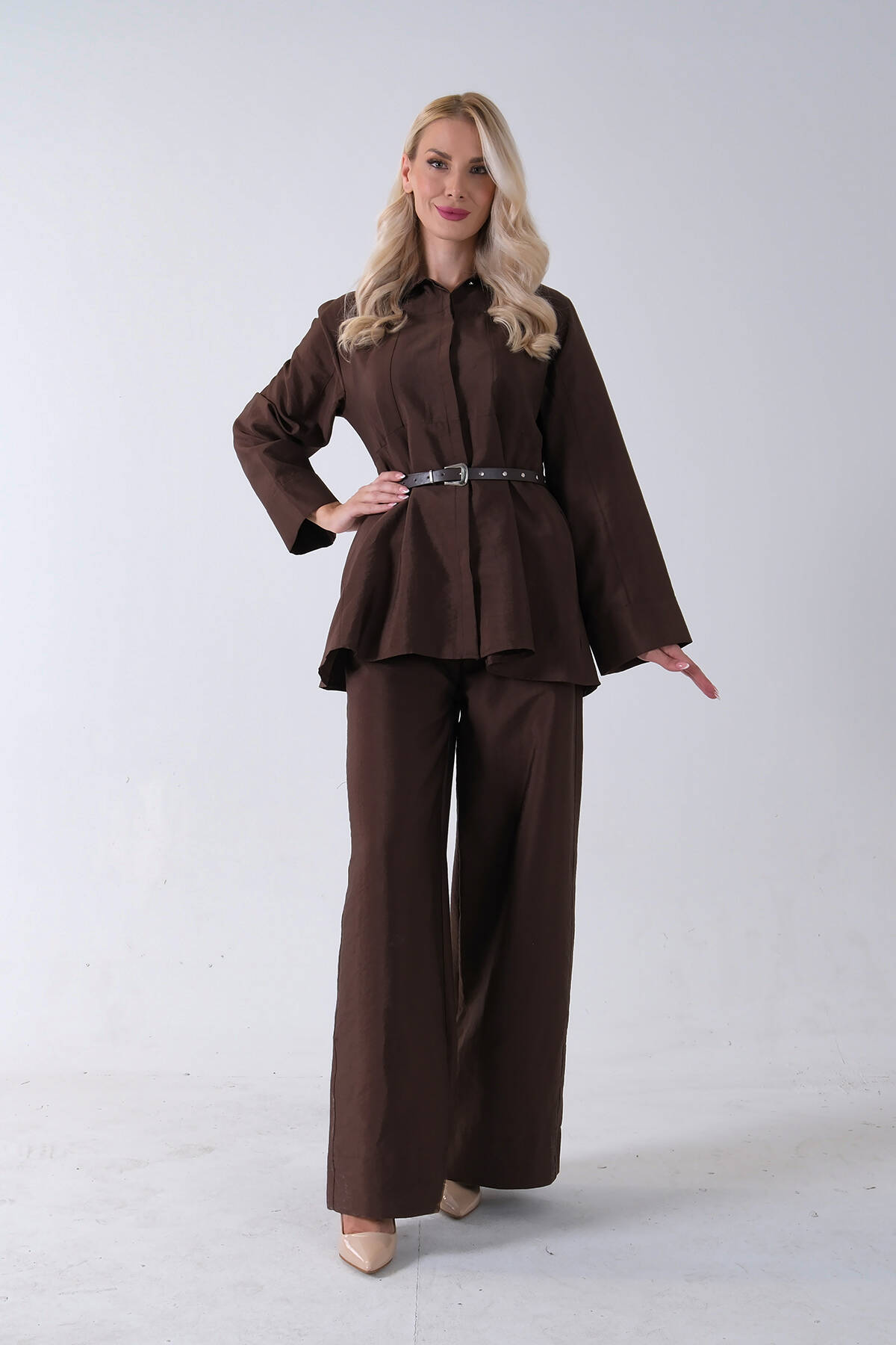 Kahve Bol Paça Pantolon Kemerli Parçalı Tunik Takım 5303167.05 - Ardanewline