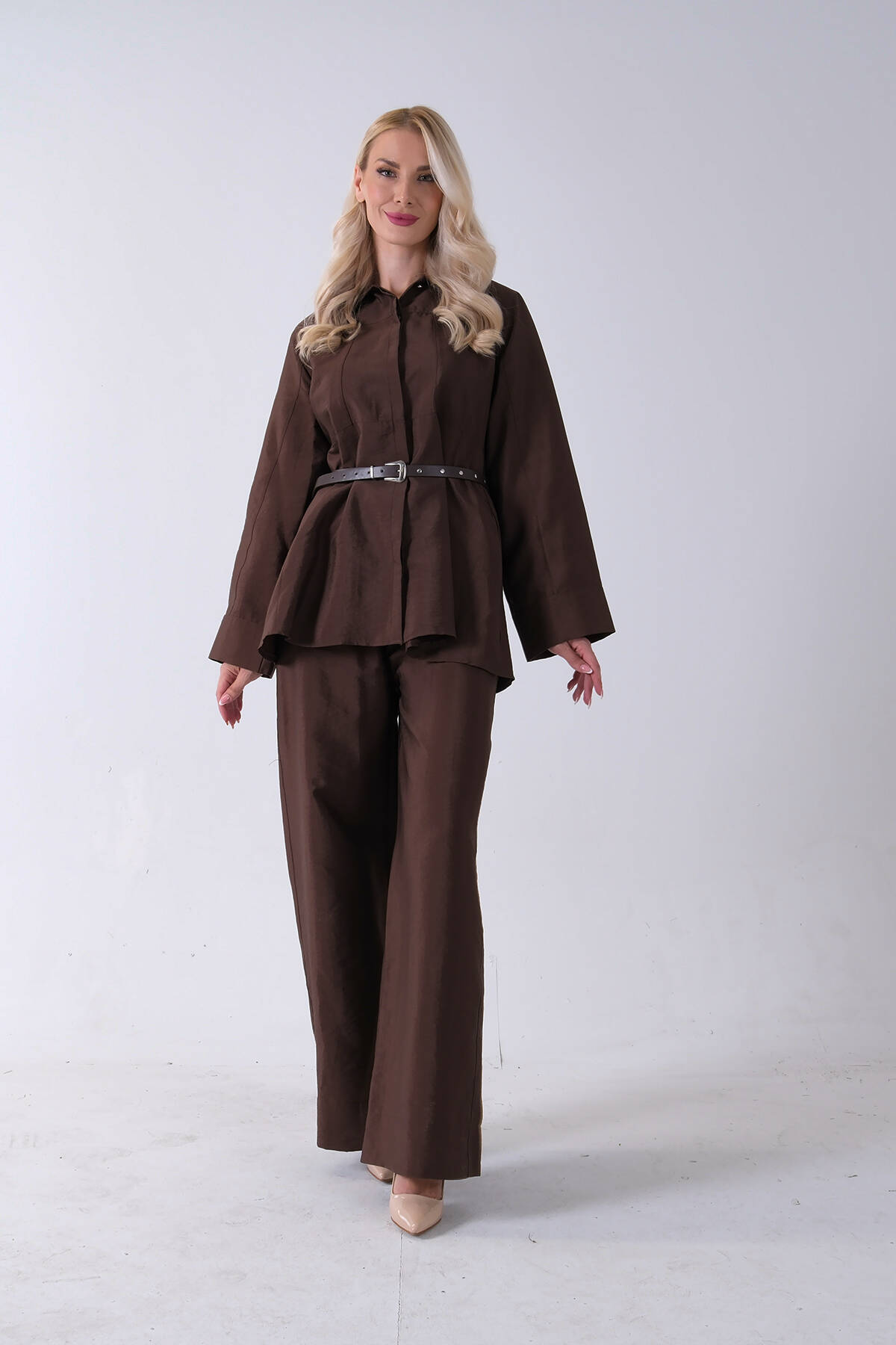 Kahve Bol Paça Pantolon Kemerli Parçalı Tunik Takım 5303167.05 - Ardanewline (1)