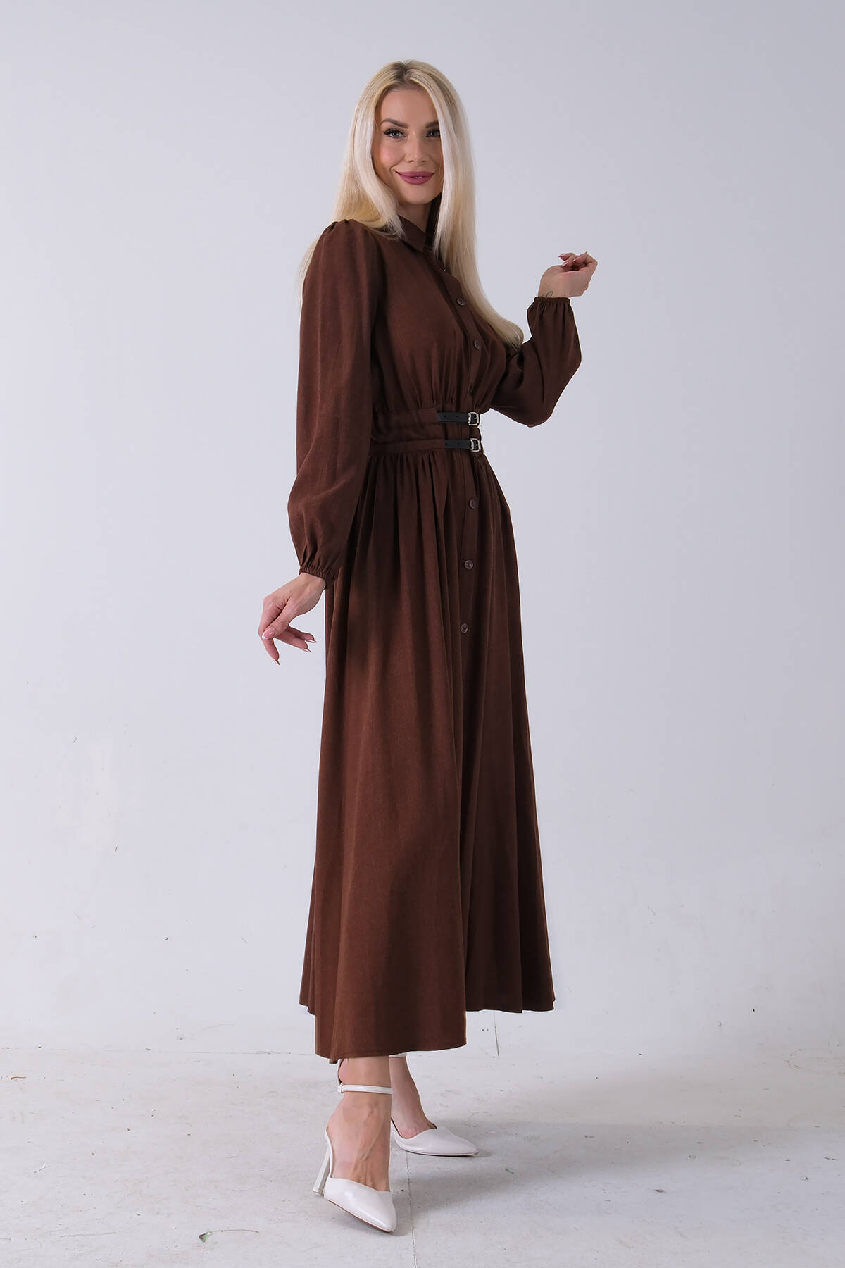 Kahve Boydan Düğme Kapamalı Bileği Lastikli Beli Kemerli Elbise 4593459.05 - Ardanewline (1)