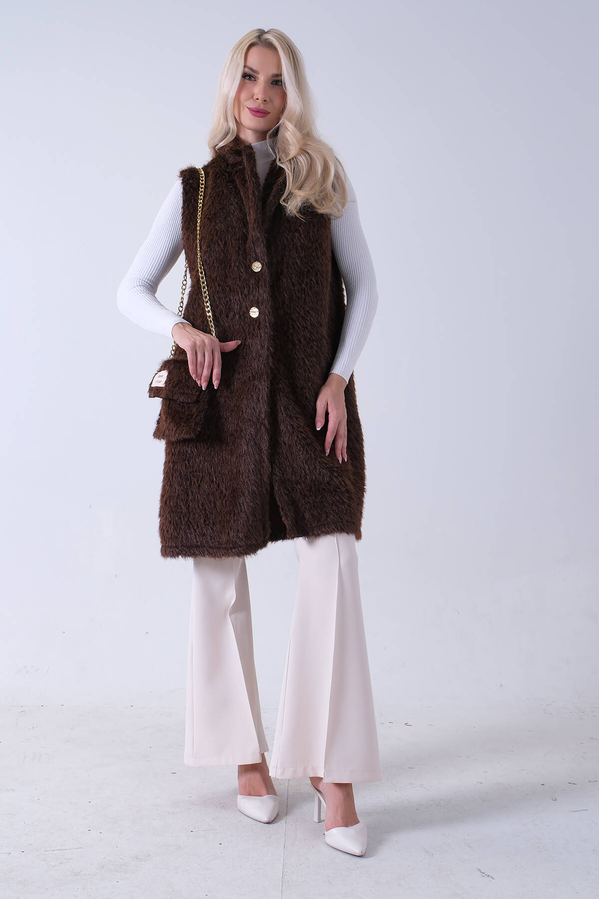 Kahve Çanta Aksesuarlı Tek Düğmeli Yün Yelek 31070199.05 - Ardanewline