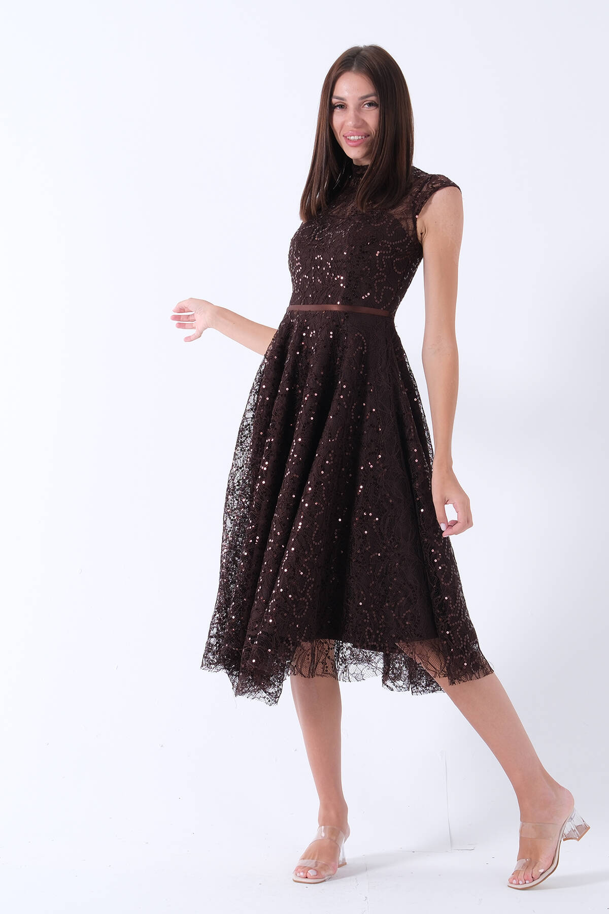 Kahve Dantelli Pullu Midi Boy Abiye 9705960.05 - ArdaNewline