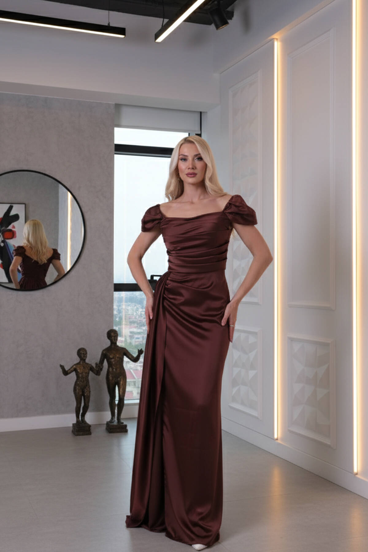 Kahve Drape Detaylı Saten Kumaş Abiye Elbise 9704858.05 - Ardanewline