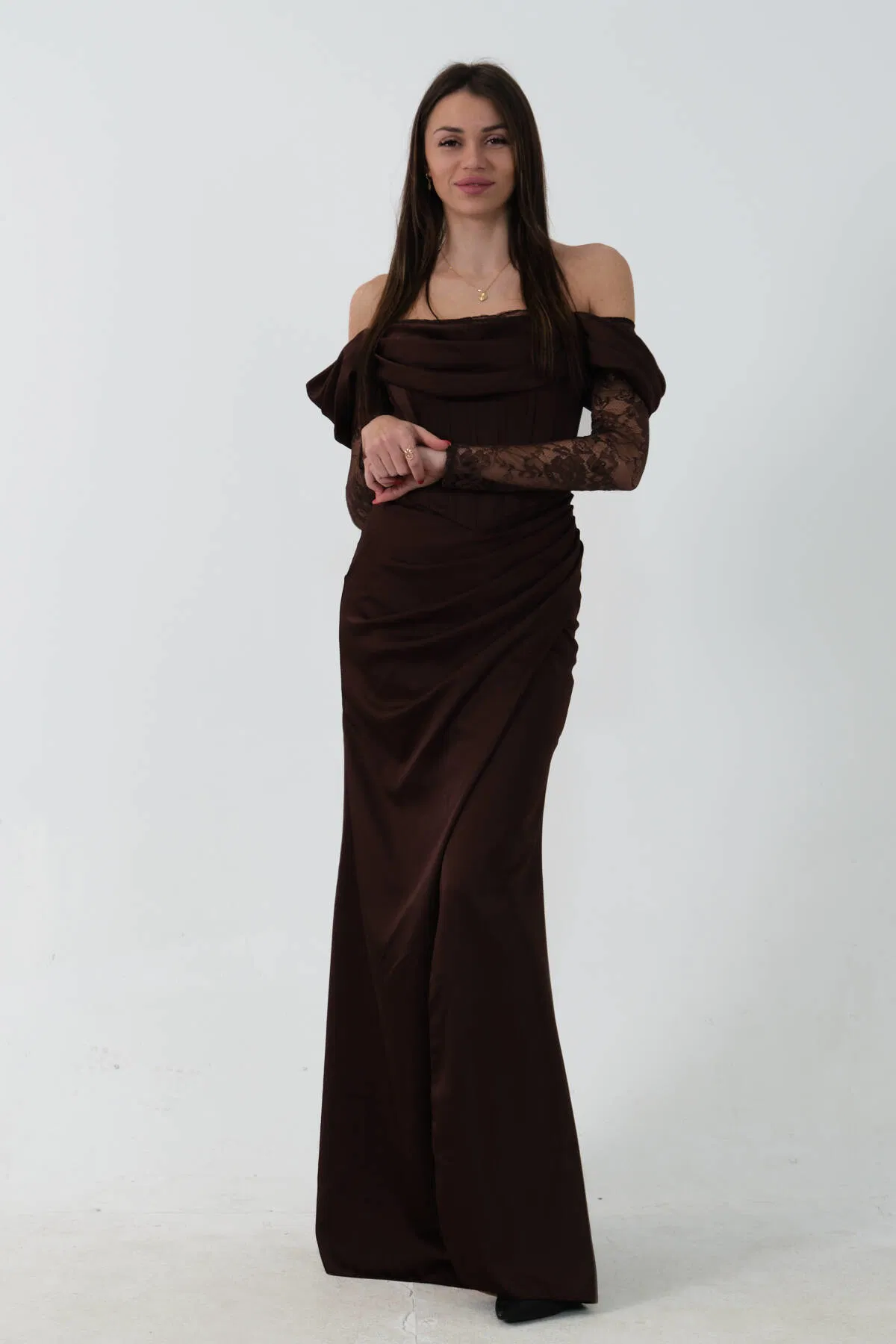 Kahve Düşük Omuz Dantel Kolu Korsajlı Abiye 9705830.05 - Ardanewline