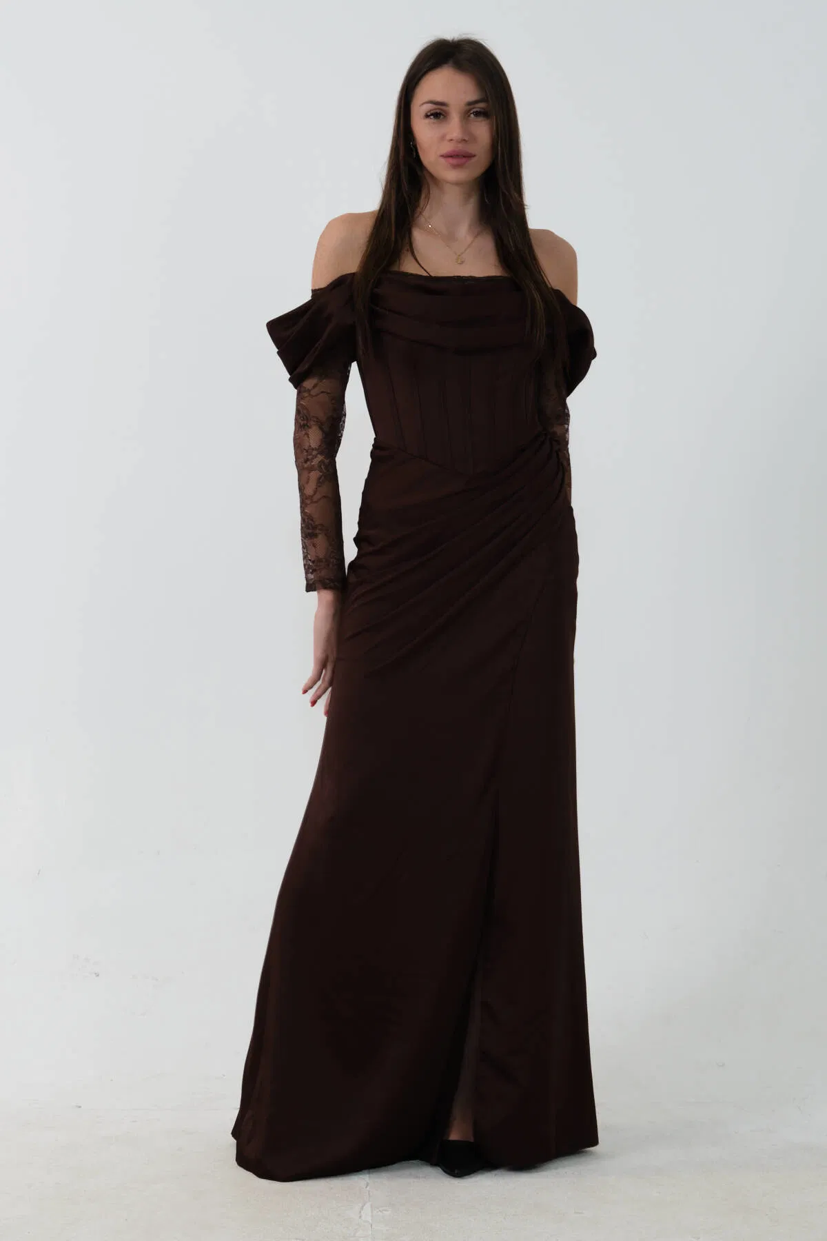 Kahve Düşük Omuz Dantel Kolu Korsajlı Abiye 9705830.05 - Ardanewline (1)