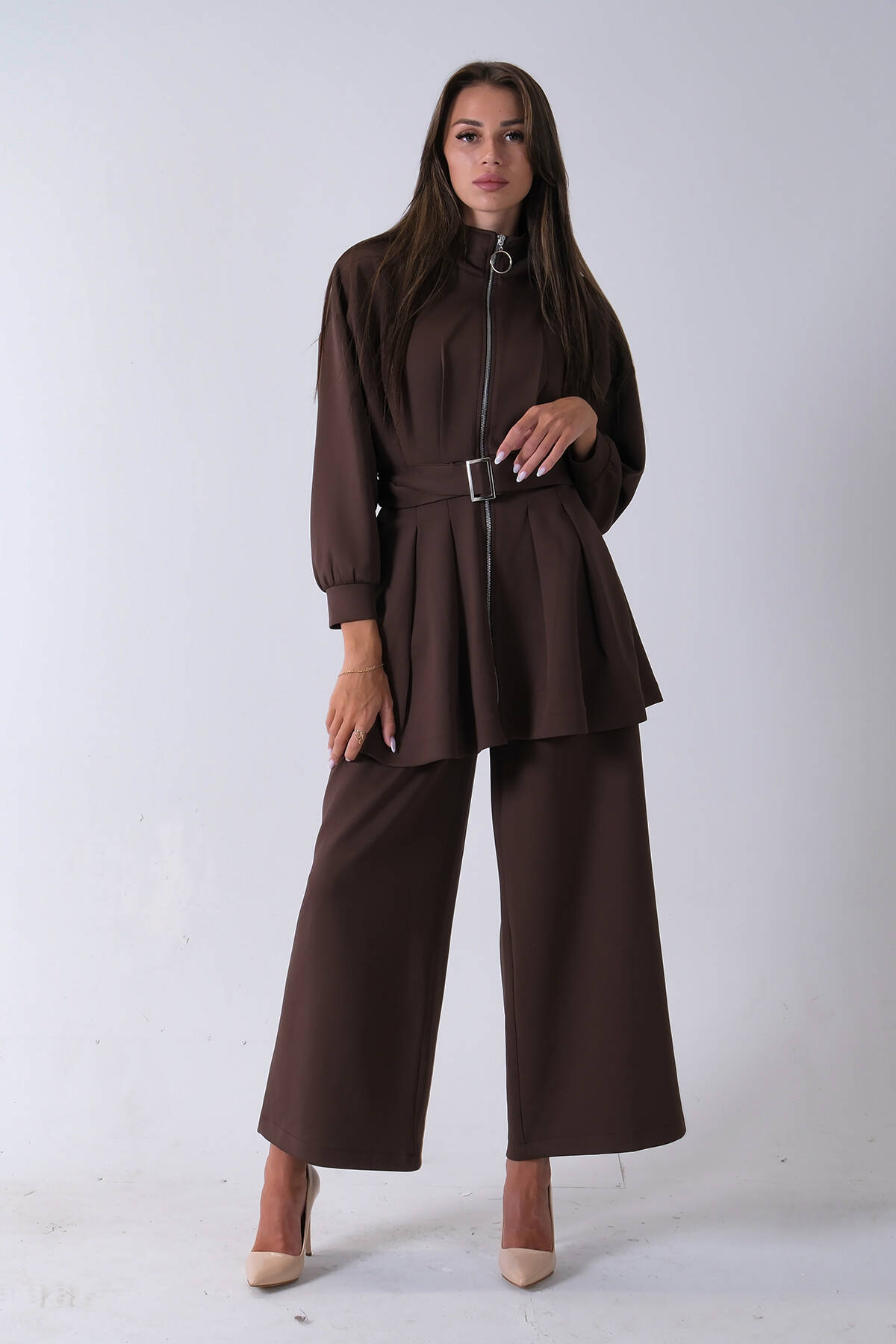 Kahve Fermuar Kapamalı Beli Kemerli Pantolonlu Scuba Takım 4592264.05 - Ardanewline