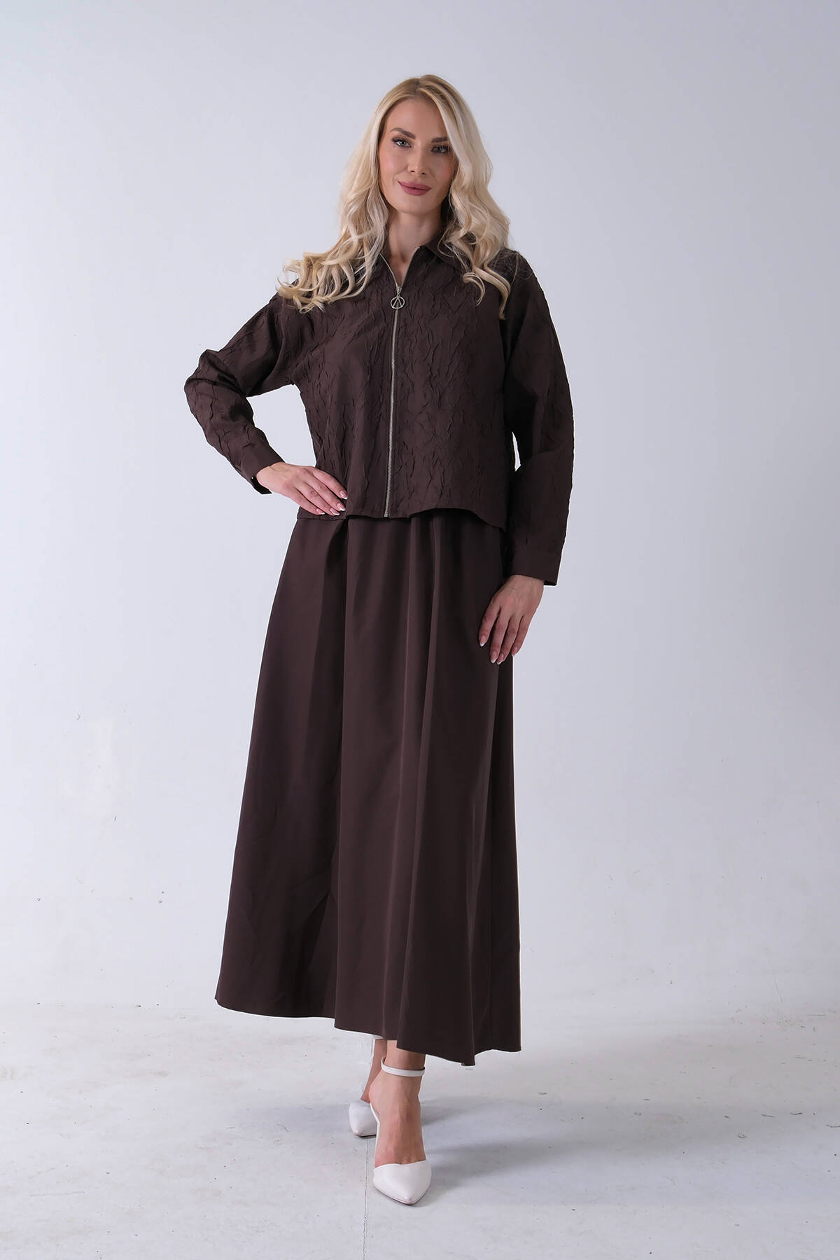 Kahve Fermuar Kapamalı Ceket Üzeri Desenli Etekli Takım 4577259.05 - Ardanewline