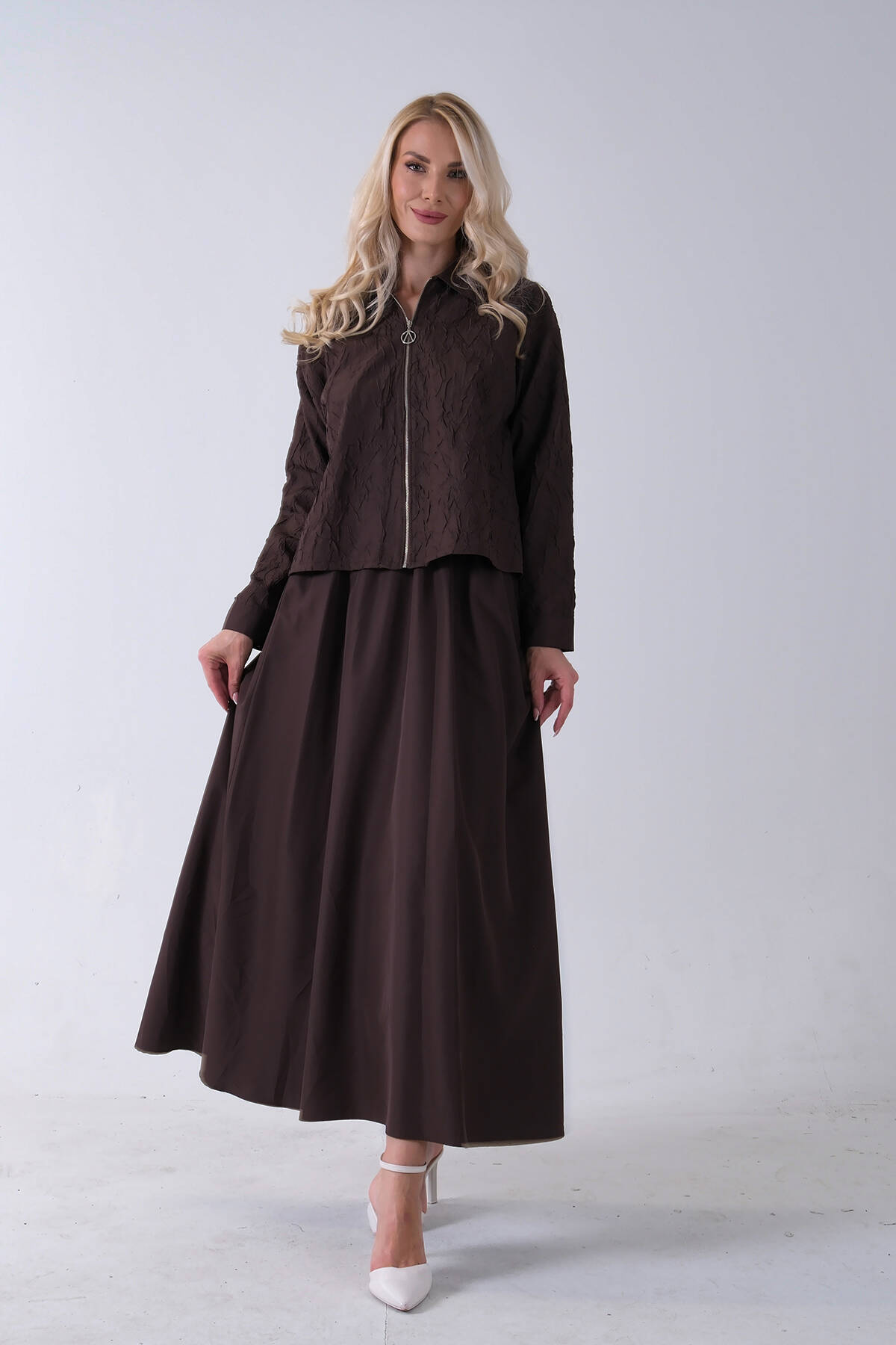 Kahve Fermuar Kapamalı Ceket Üzeri Desenli Etekli Takım 4577259.05 - Ardanewline (1)