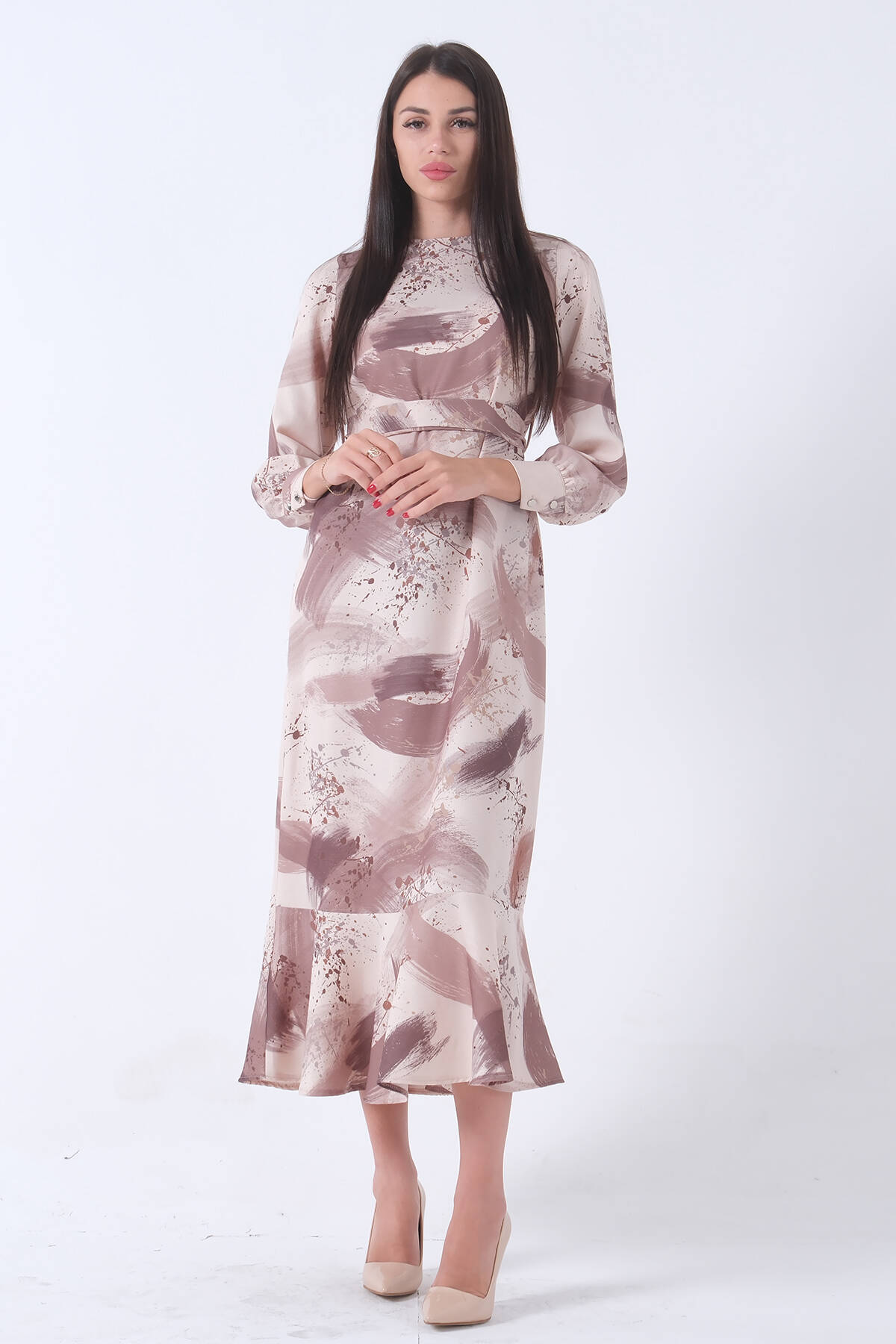 Kahve Fırça Darbesi Desenli Modern Şık Elbise 0807769.05 - Ardanewline (1)