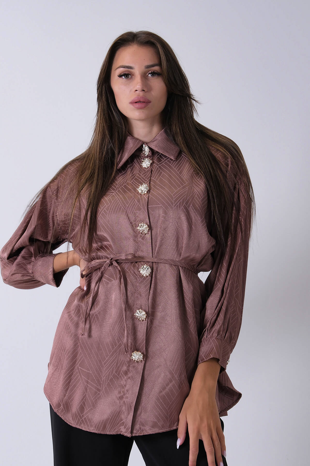 Kahve Gömlek Yaka Düğme Kapamalı Bel Bağlamalı Tunik 4595331.05 - Ardanewline