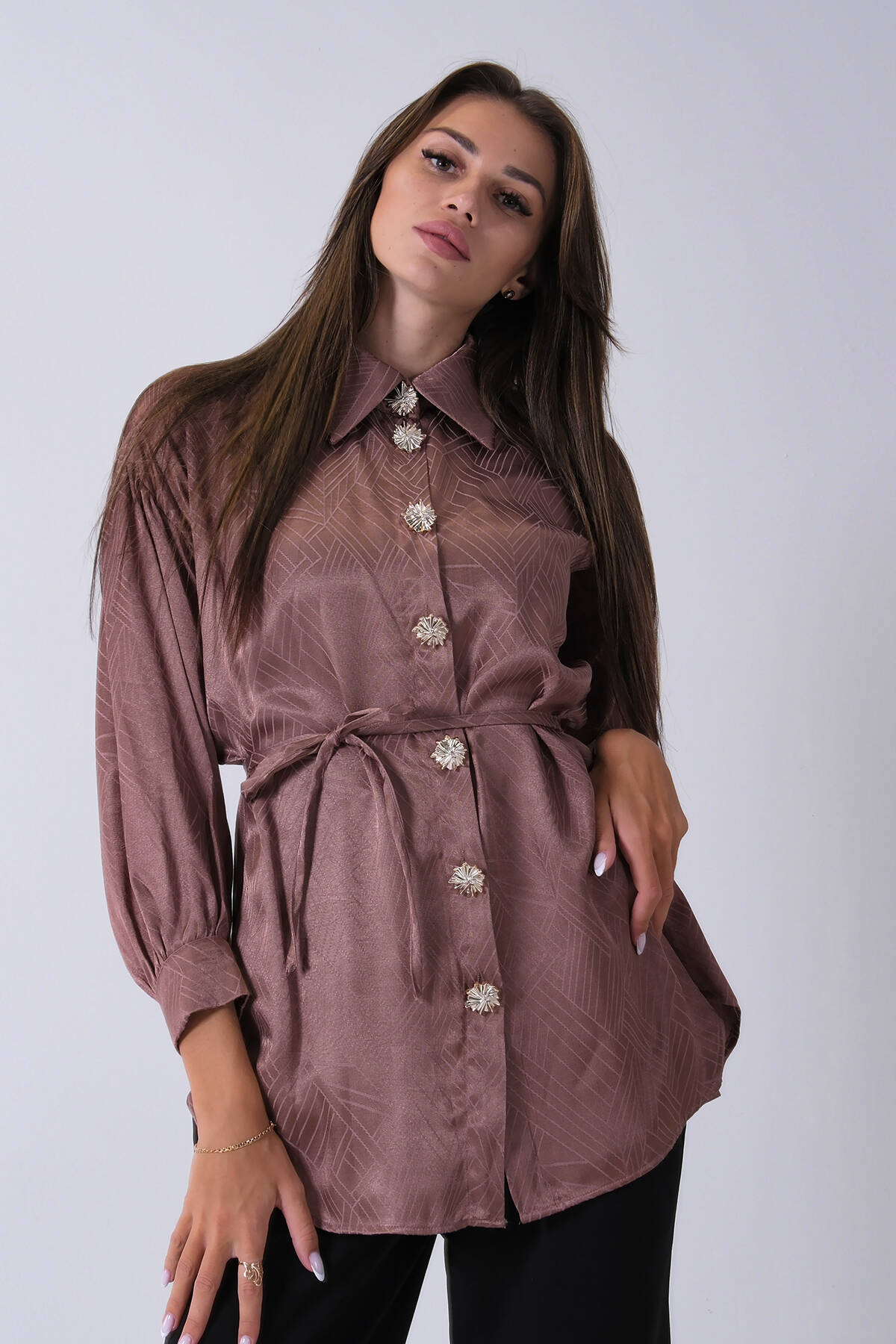 Kahve Gömlek Yaka Düğme Kapamalı Bel Bağlamalı Tunik 4595331.05 - Ardanewline (1)