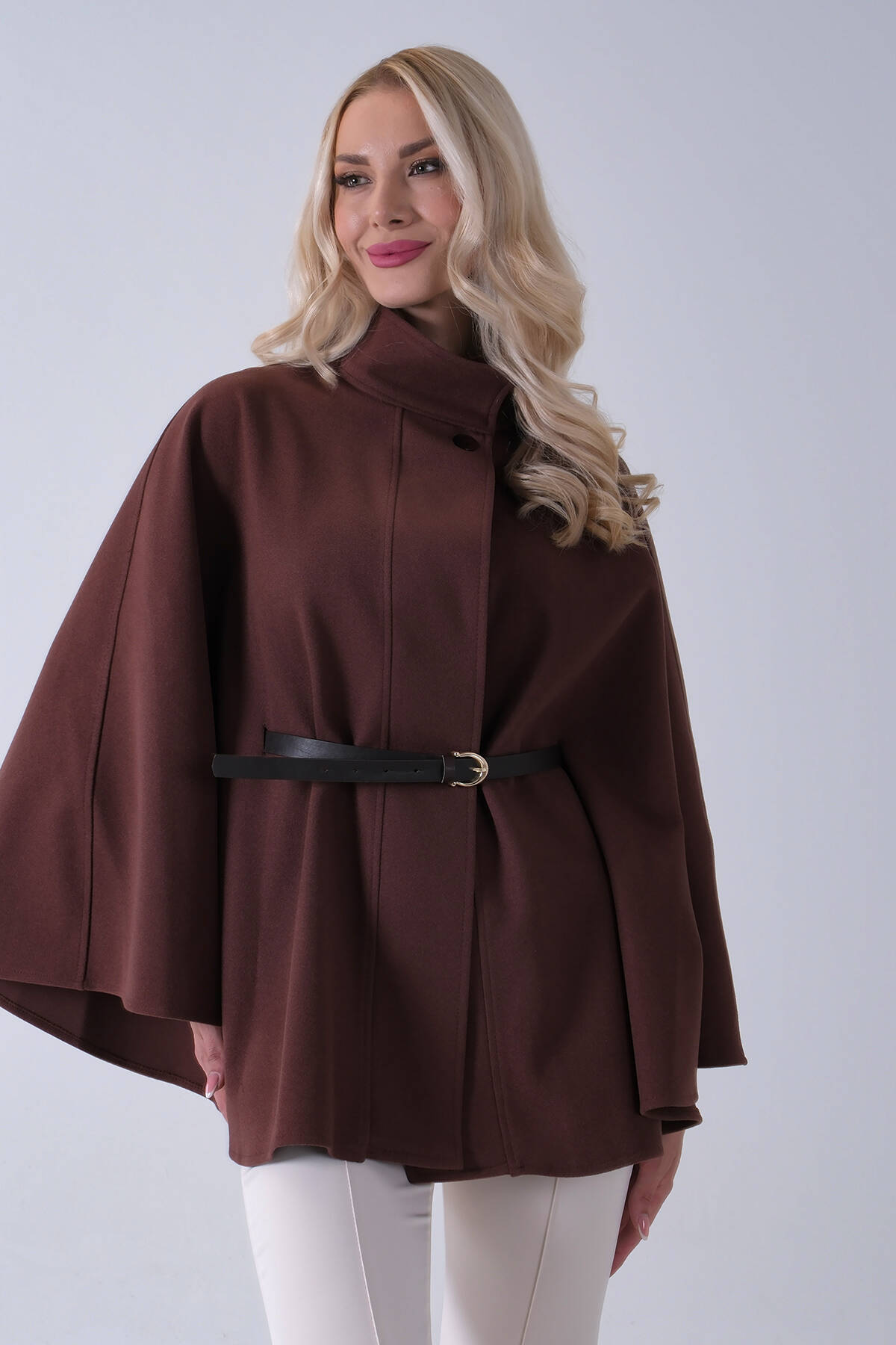 Kahve Hakim Yaka Tek Düğmeli Kemerli Panço 31050725.05 - Ardanewline