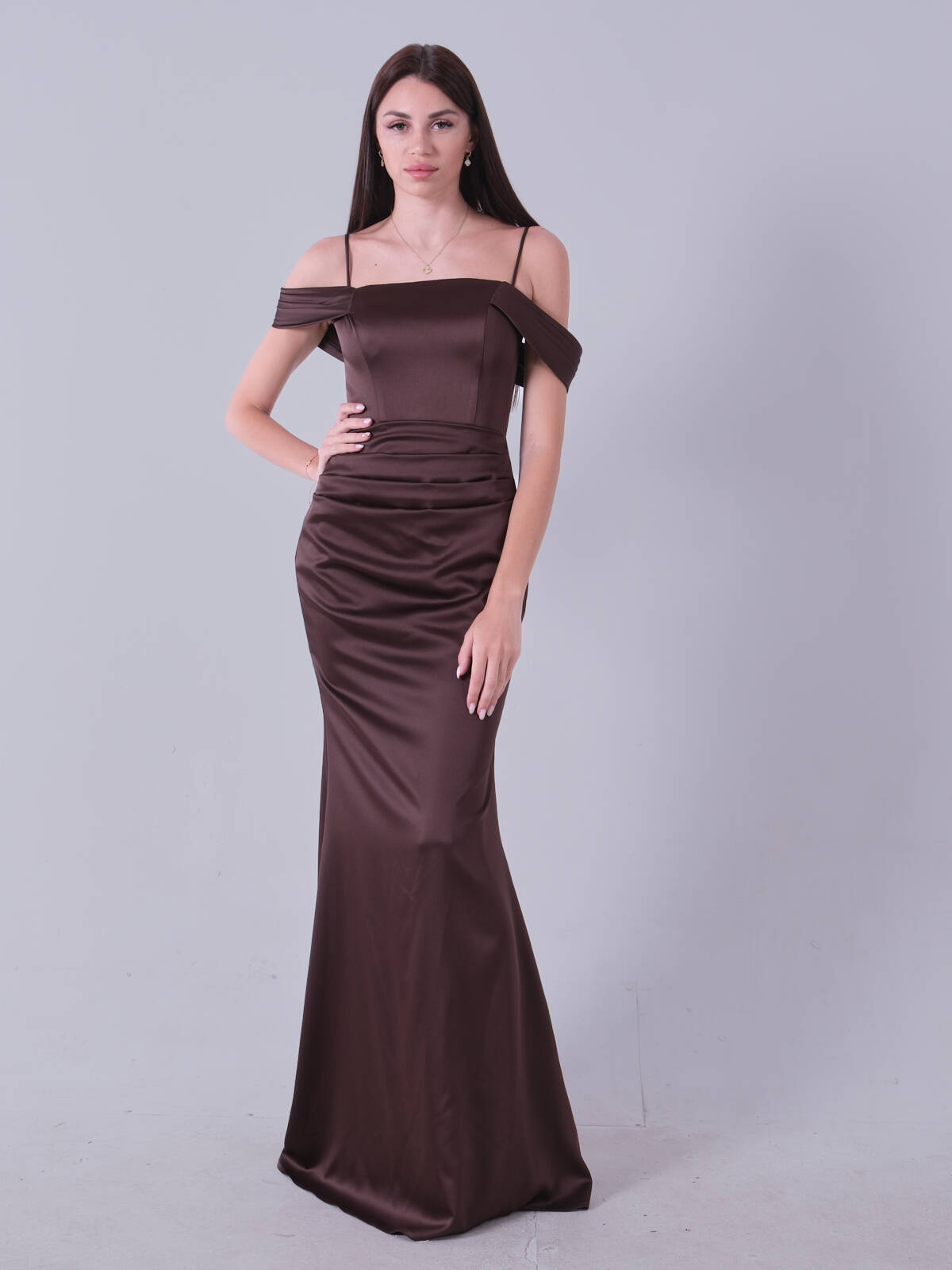 Kahve İp Askılı Straplez Saten Abiye Elbise 9705903.05 - Ardanewline