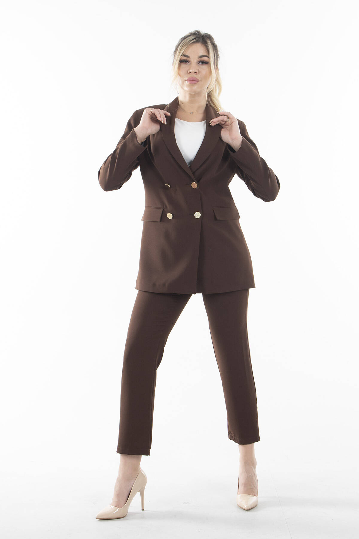 Kahve Kadın Dört Düğmeli Kruvaze Blazer Ceket & Pantolon Takım 0106305.05 - Ardanewline