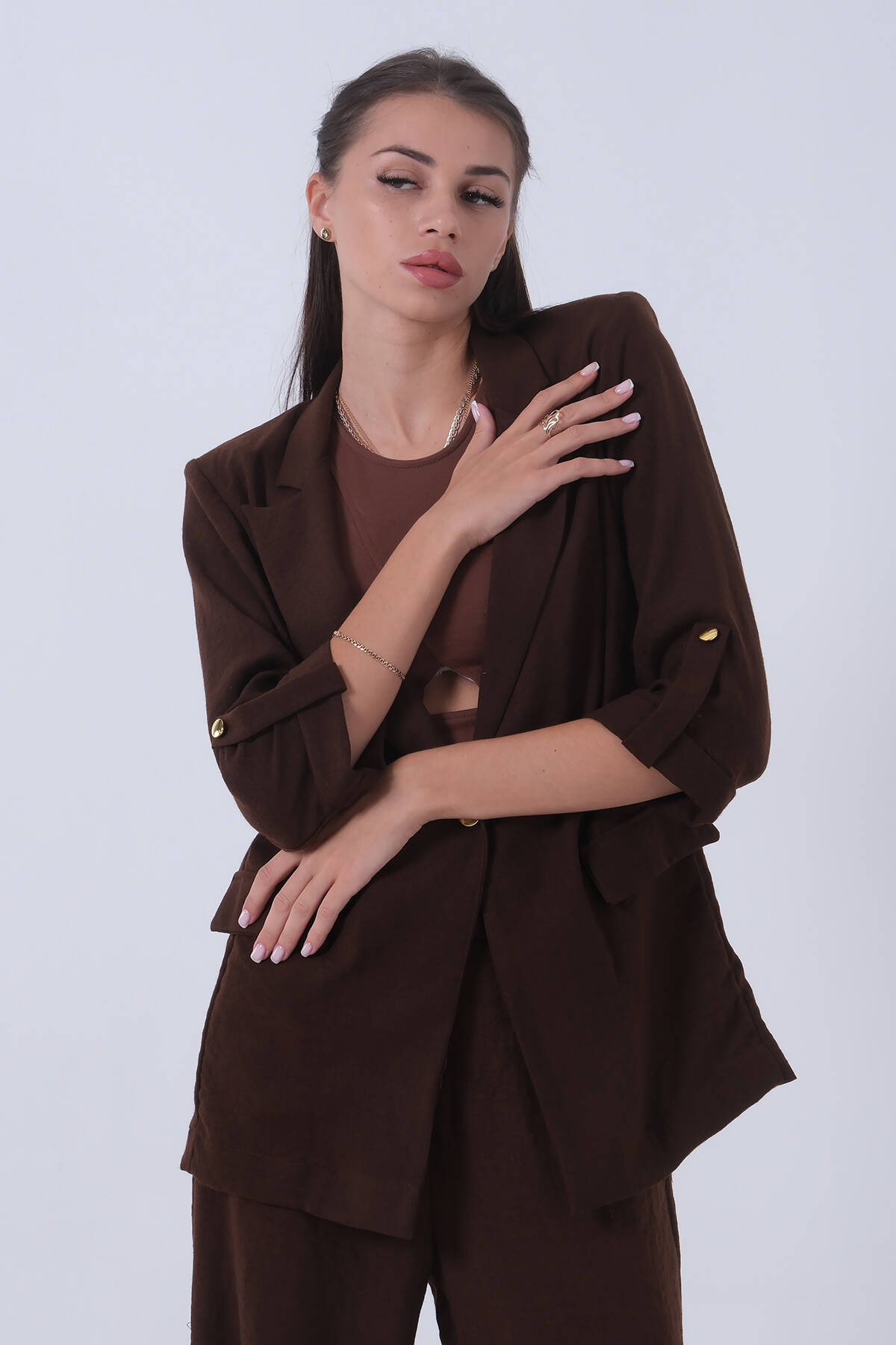 Kahve Kolları Düğme Toparlamalı Keten Ceket 01051361.05 - Ardanewline (1)