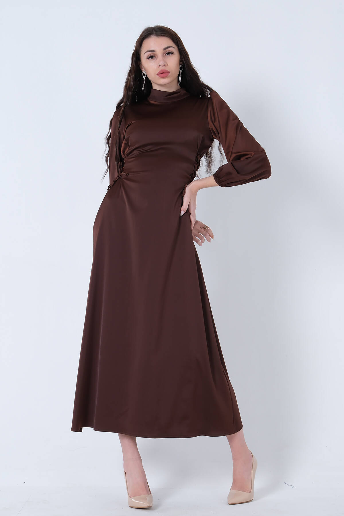 Kahve Kolları Volanlı Yandan Bağlama İp Detaylı Elbise 31061422.05 - Ardanewline (1)
