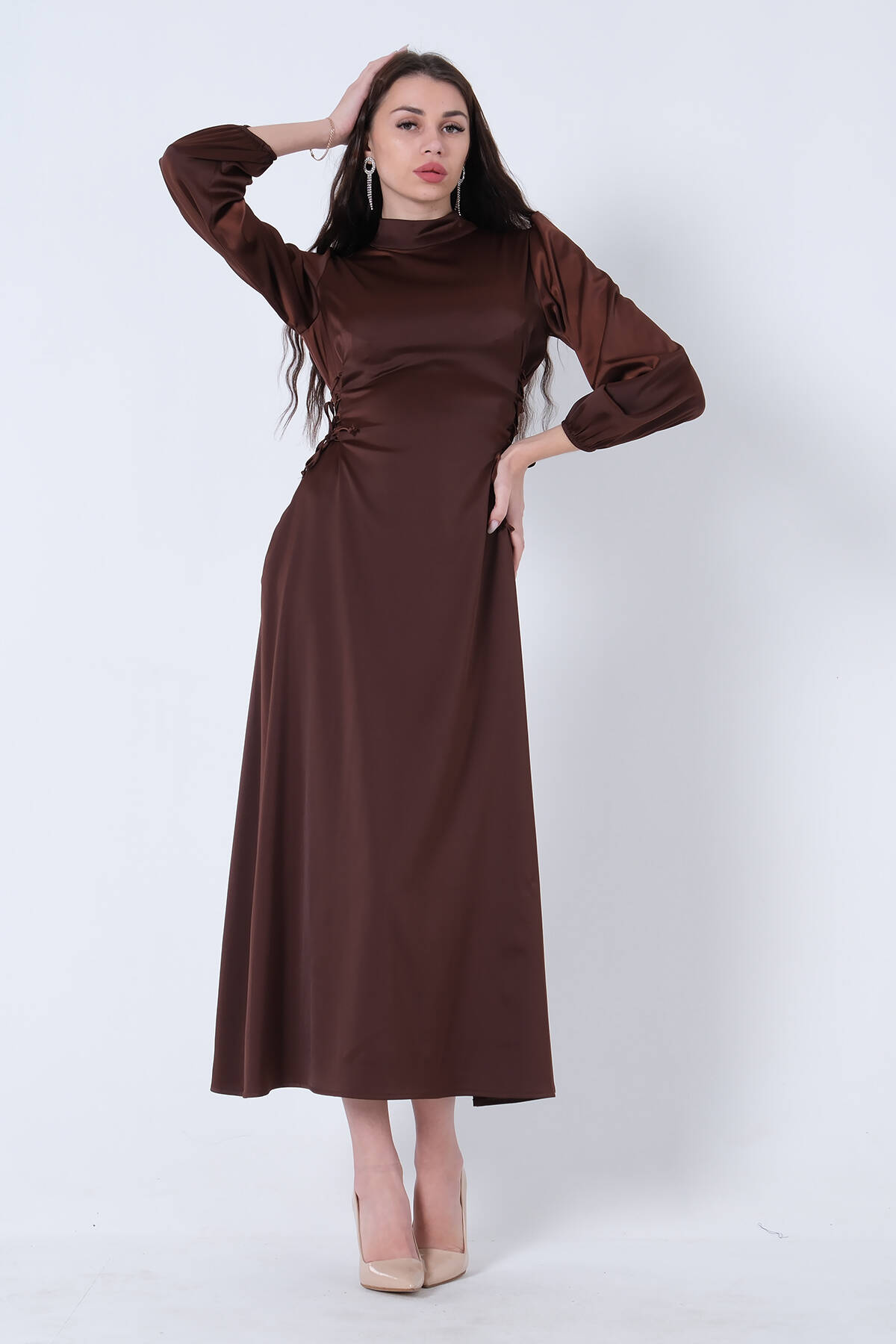 Kahve Kolları Volanlı Yandan Bağlama İp Detaylı Elbise 31061422.05