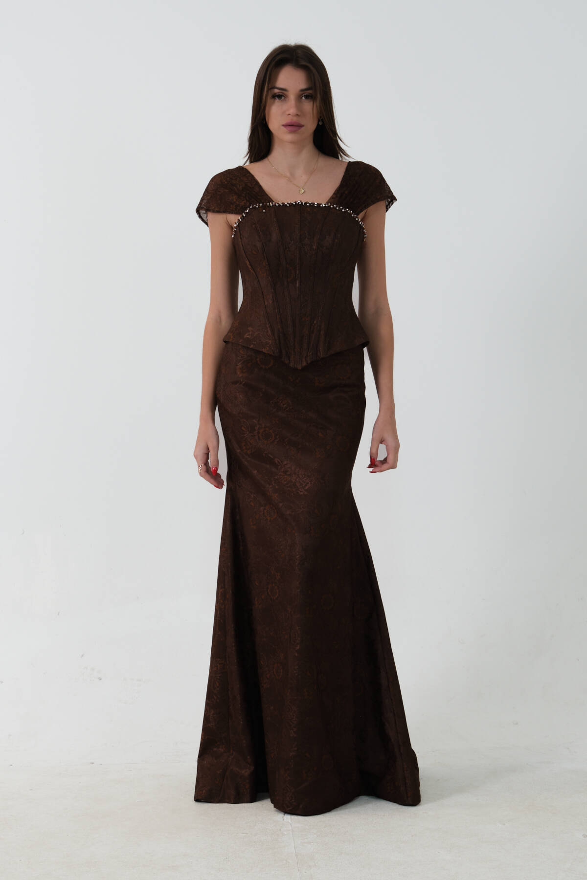 Kahve Korse Detaylı Dantel Kapamalı Düşük Omuz Abiye 9705791.05 - Ardanewline