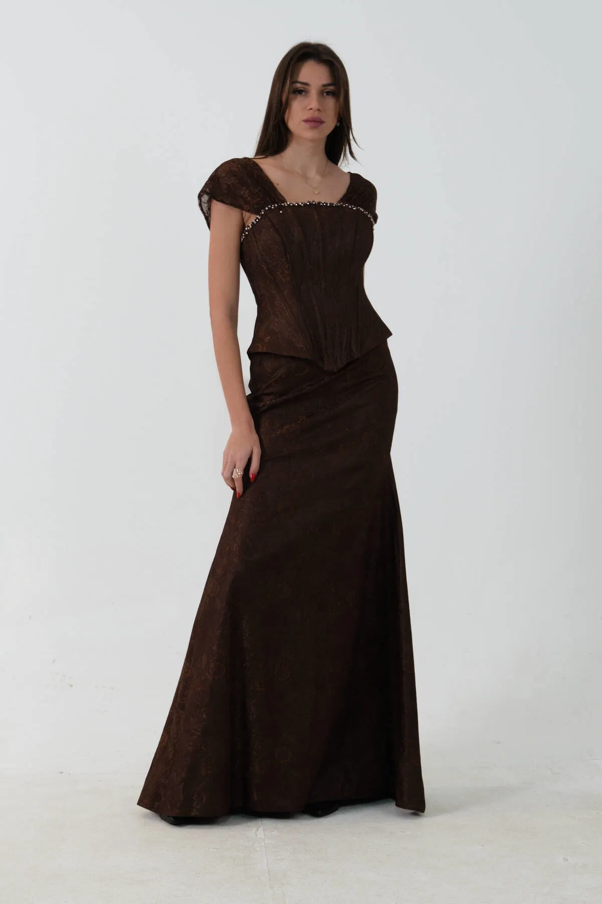 Kahve Korse Detaylı Dantel Kapamalı Düşük Omuz Abiye 9705791.05 - Ardanewline (1)