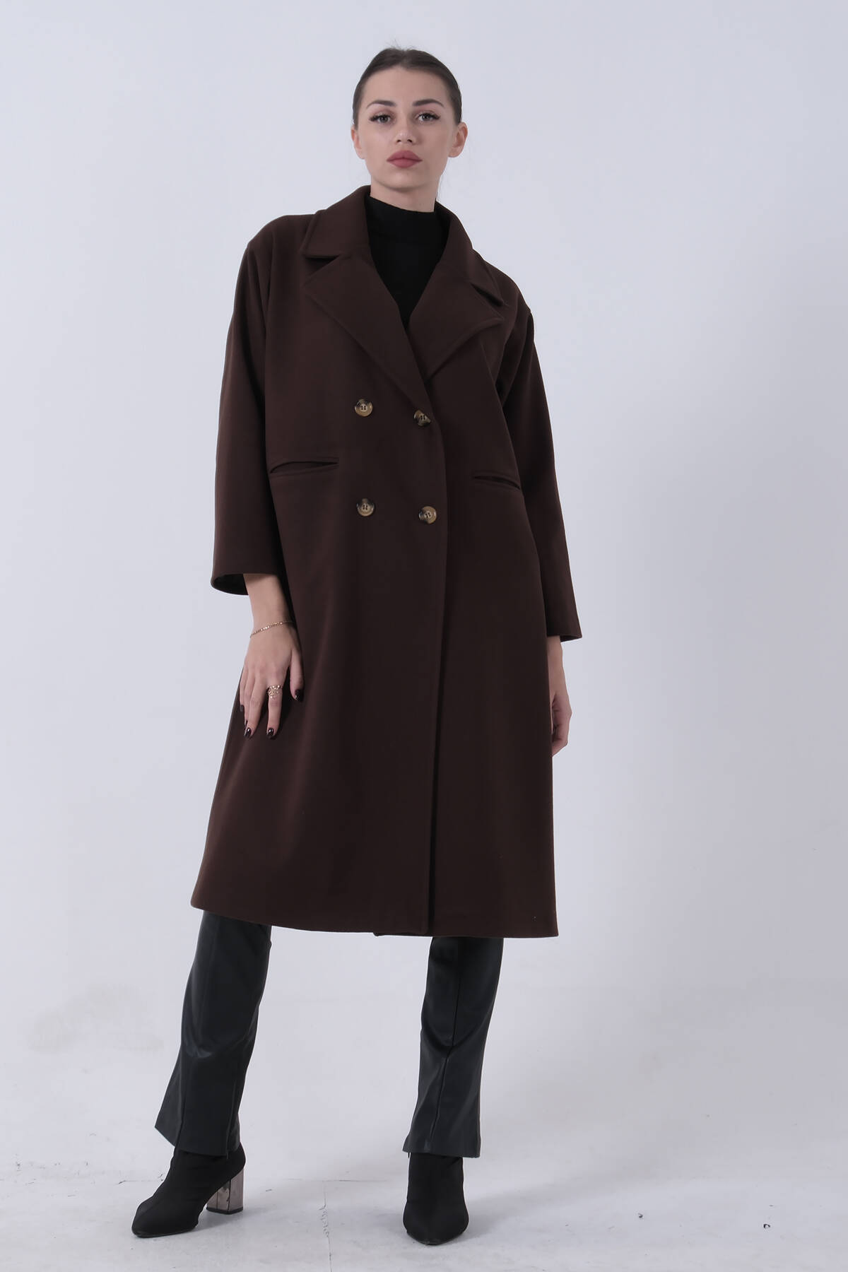 Kahve Önden Düğmeli Oversize Örme Kaşe Kaban 0108068.05 - Ardanewline (1)