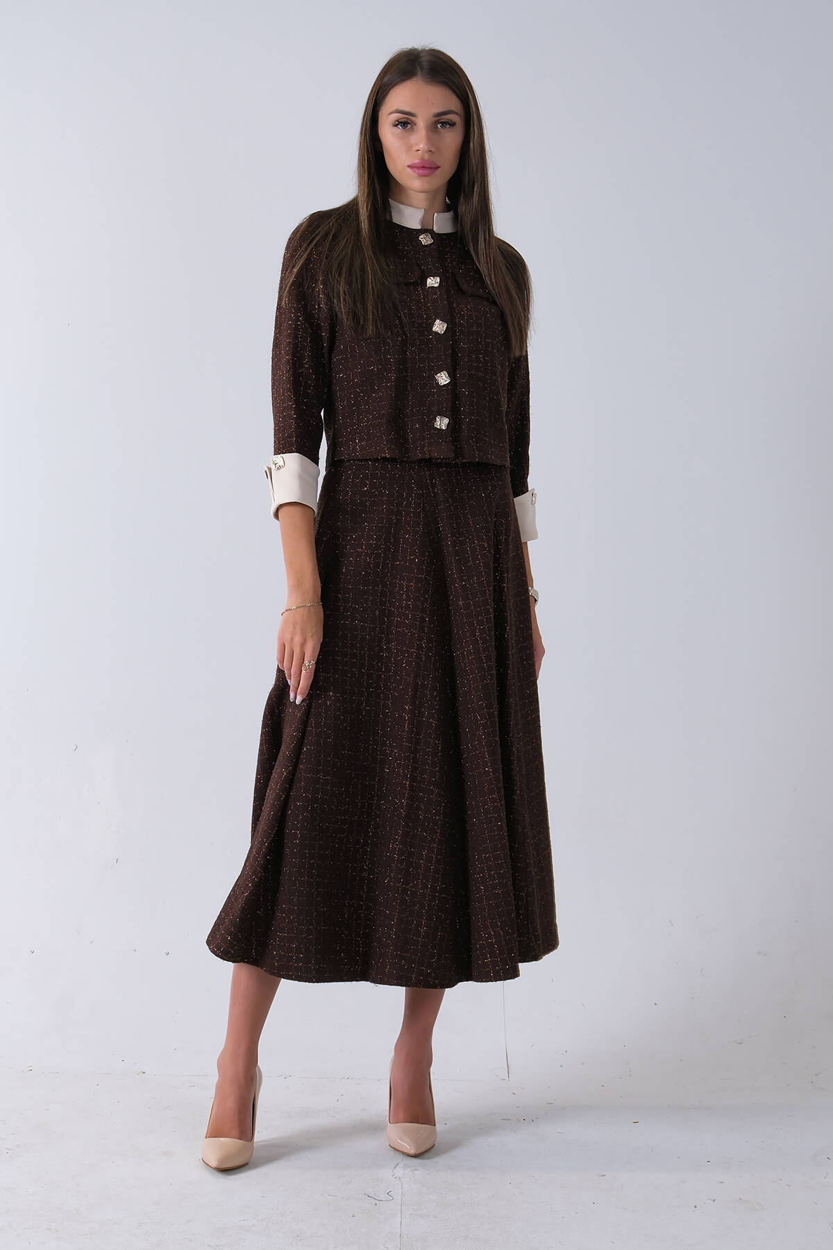 Kahve Önü Düğme Kapamalı Crop Ceket Etekli Tüvid Takım 45950601.05 - Ardanewline (1)