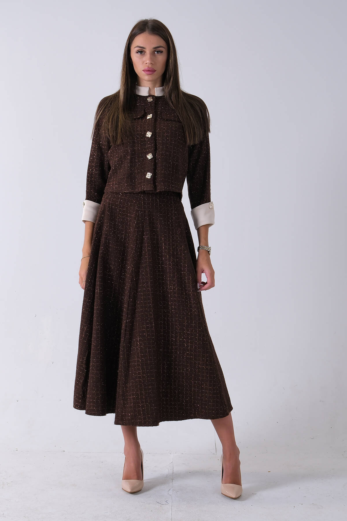 Kahve Önü Düğme Kapamalı Crop Ceket Etekli Tüvid Takım 45950601.05 - Ardanewline