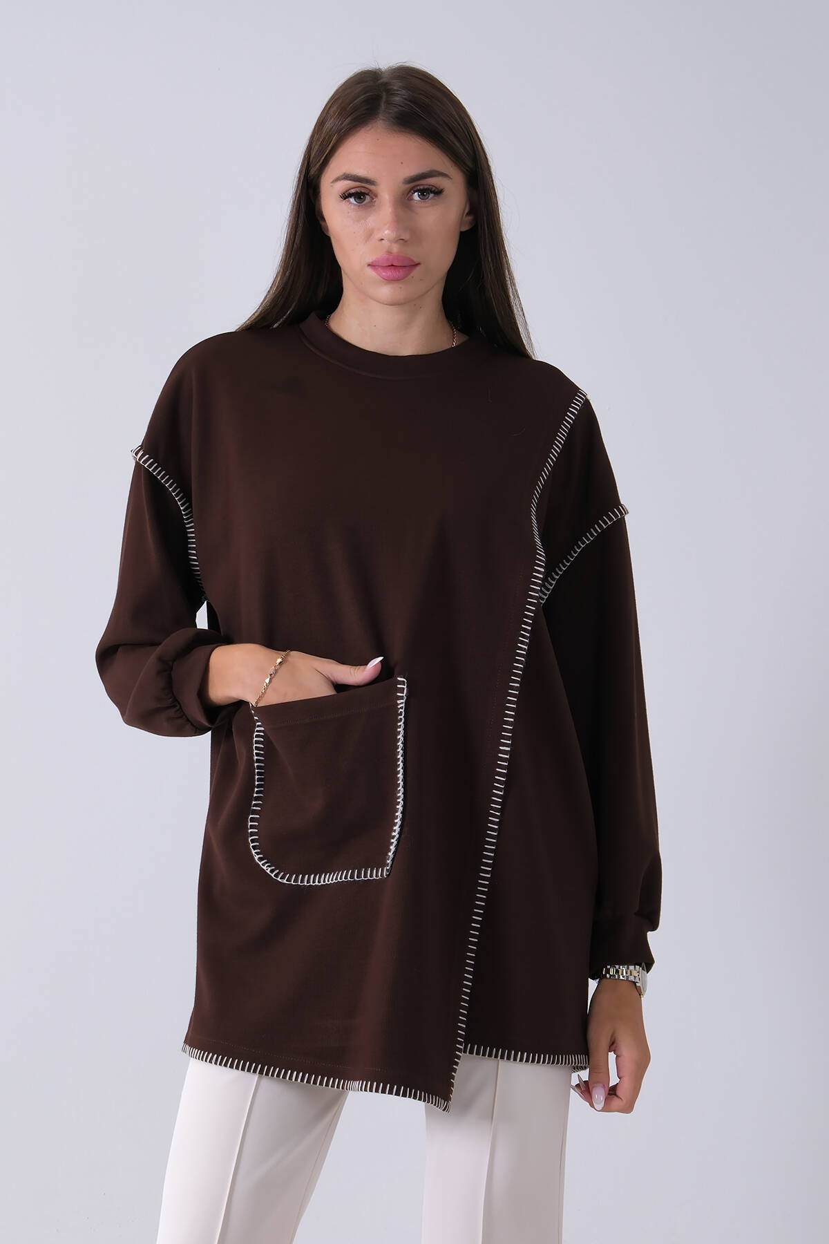 Kahve Önü Kanguru Cep Detaylı Çizgi Dikişli Bisiklet Yaka Tunik 940170263.05 - Ardanewline