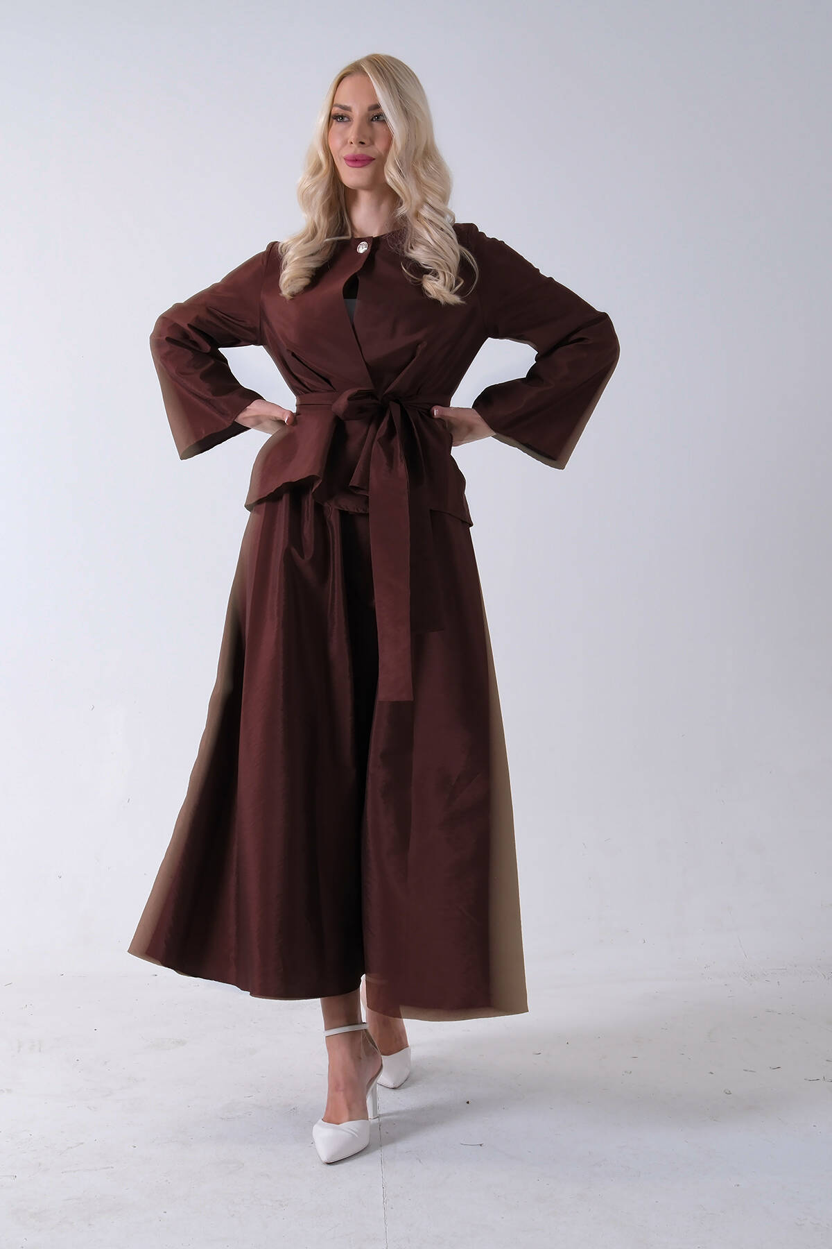 Kahve Önü Tek Düğmeli Kuşaklı Etek Ceket 31040701.05 - Ardanewline (1)