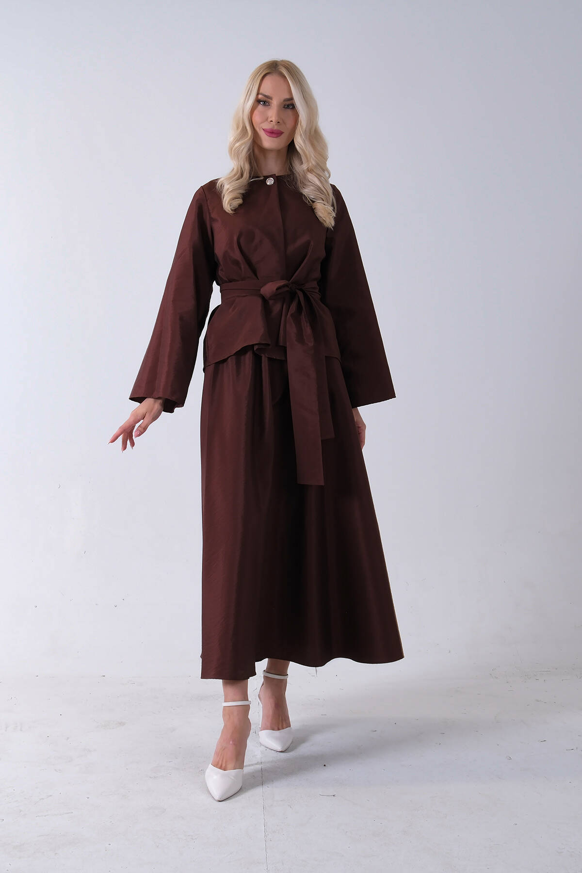 Kahve Önü Tek Düğmeli Kuşaklı Etek Ceket 31040701.05 - Ardanewline