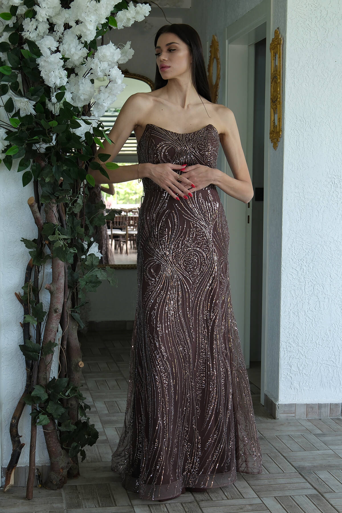 Kahve Taş İşlemeli Uzun Balık Abiye 0801056.05 - Ardanewline