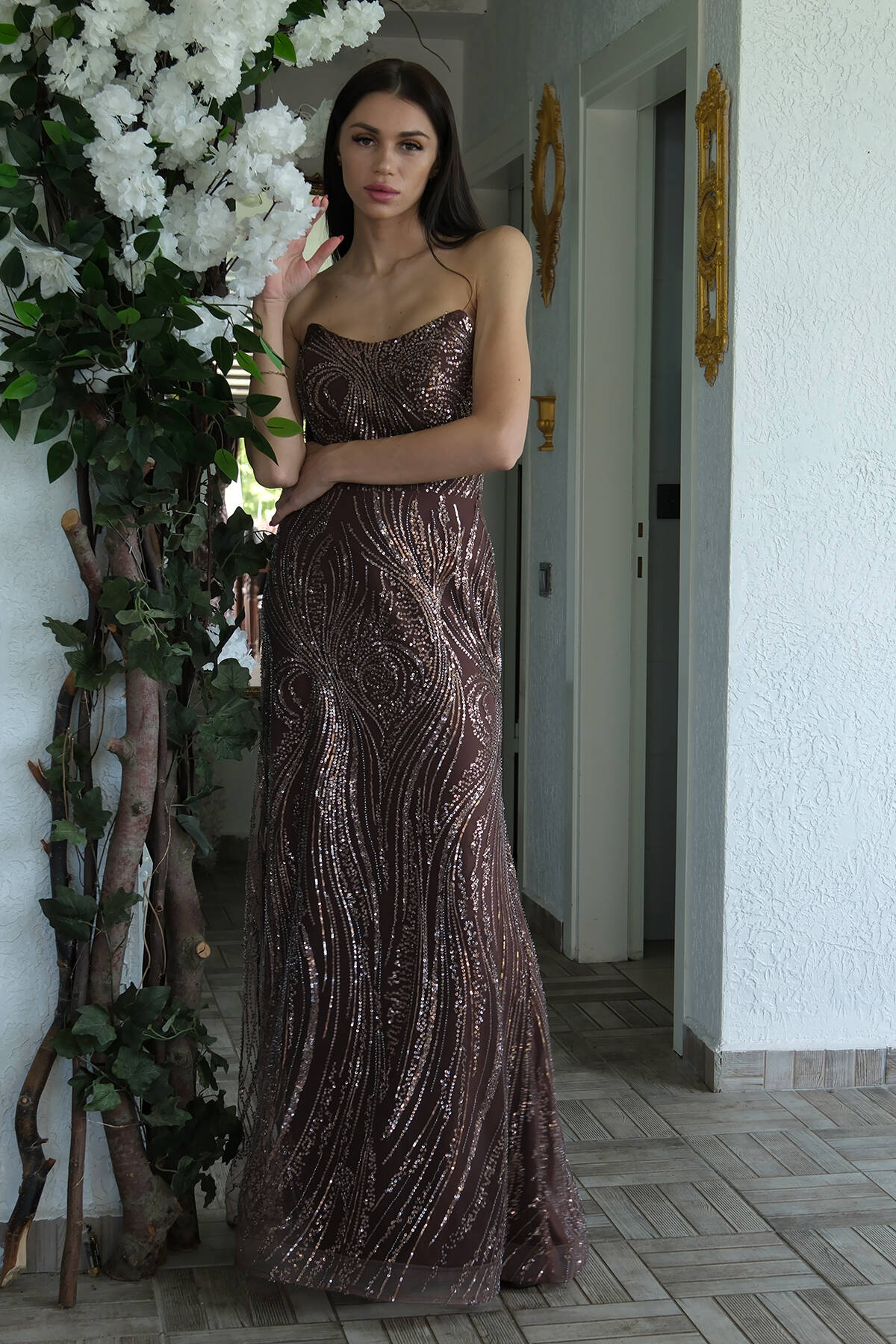 Kahve Taş İşlemeli Uzun Balık Abiye 0801056.05 - Ardanewline (1)