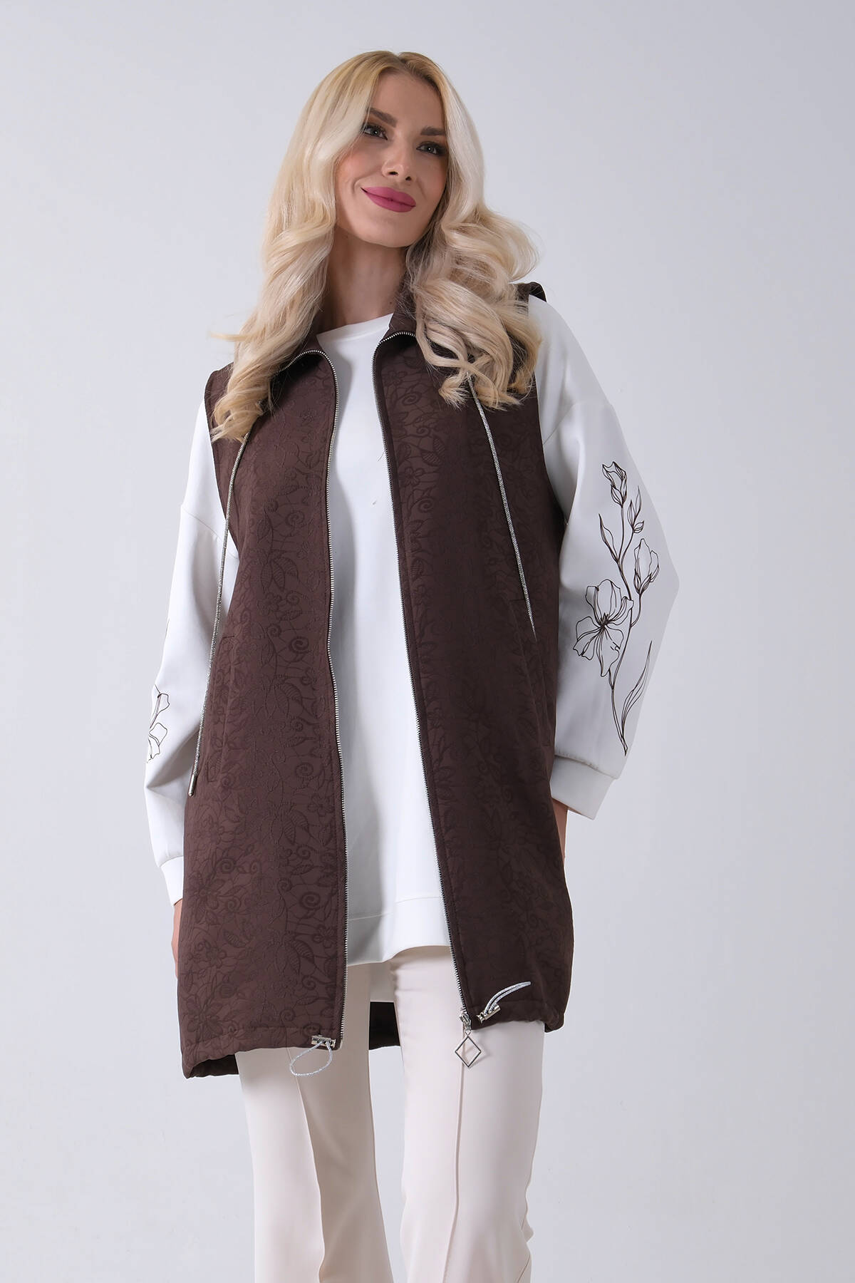 Kahve Tunik Kolu Çiçek Desenli Yelekli 2'li Takım 940120274.05 - Ardanewline