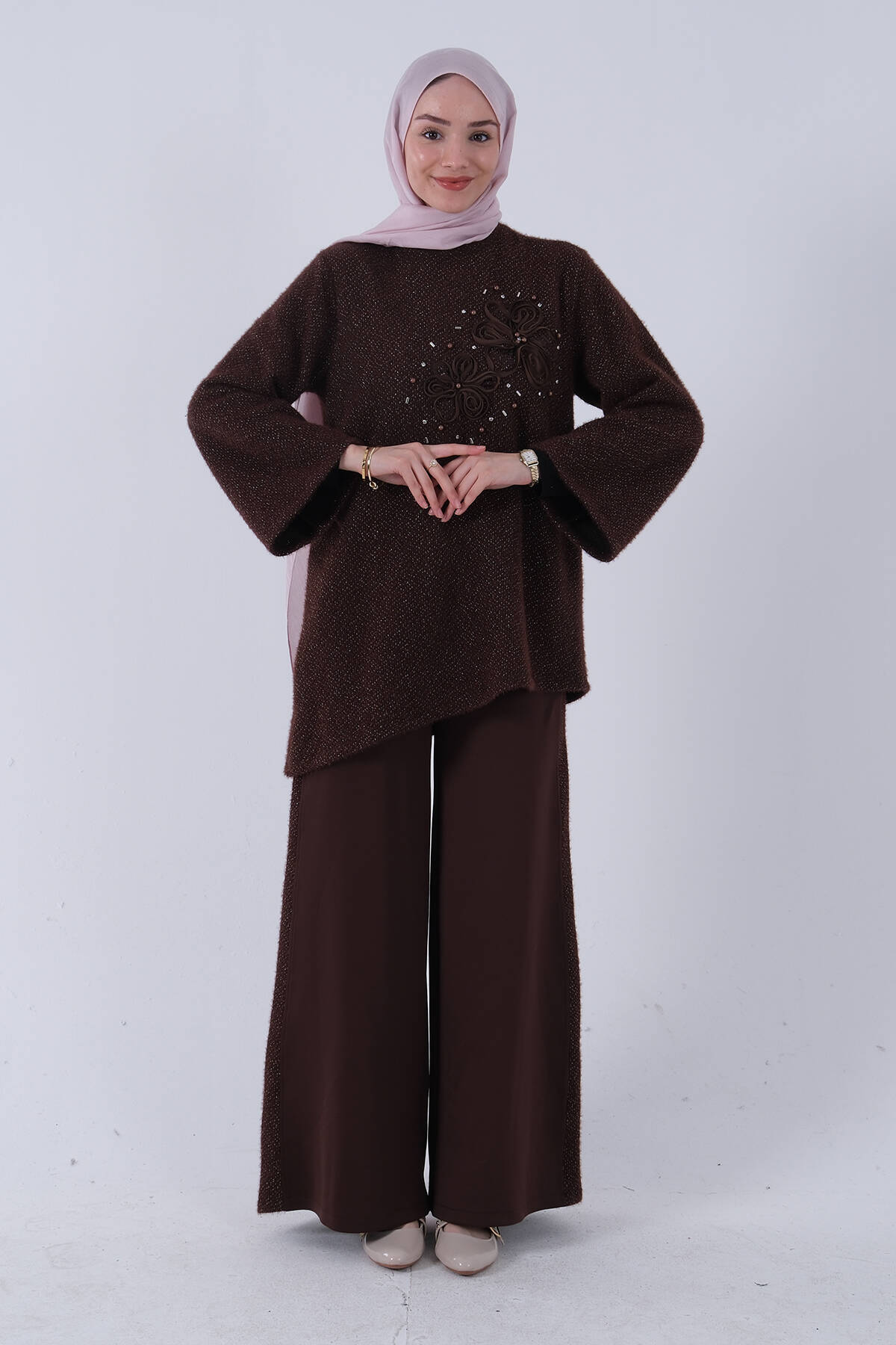 Kahve Üzeri Taş ve Gül İşlemeli Tunik Pantolonlu Takım 4577443.05 - Ardanewline