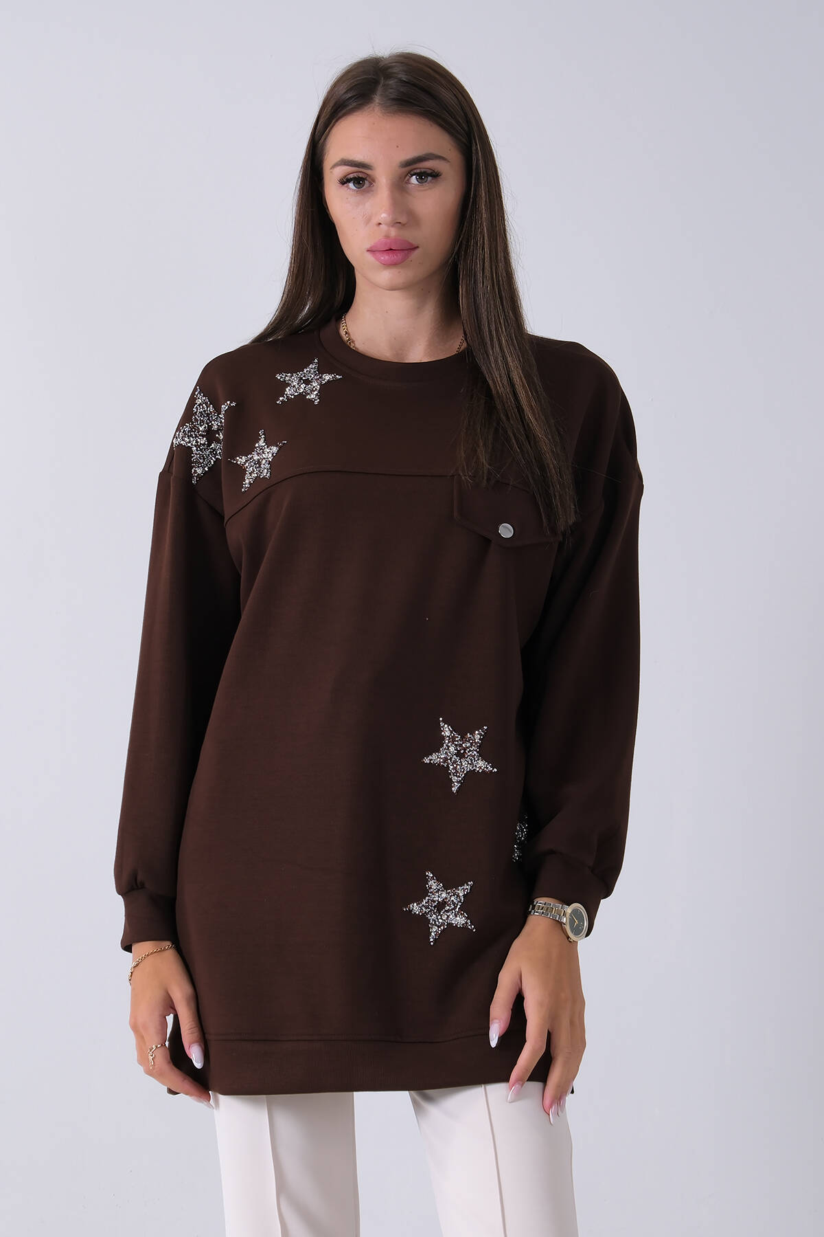 Kahve Üzeri Yıldız Desenli Taş İşlemeli Cep Görünümülü Tunik 940170258.05 - Ardanewline