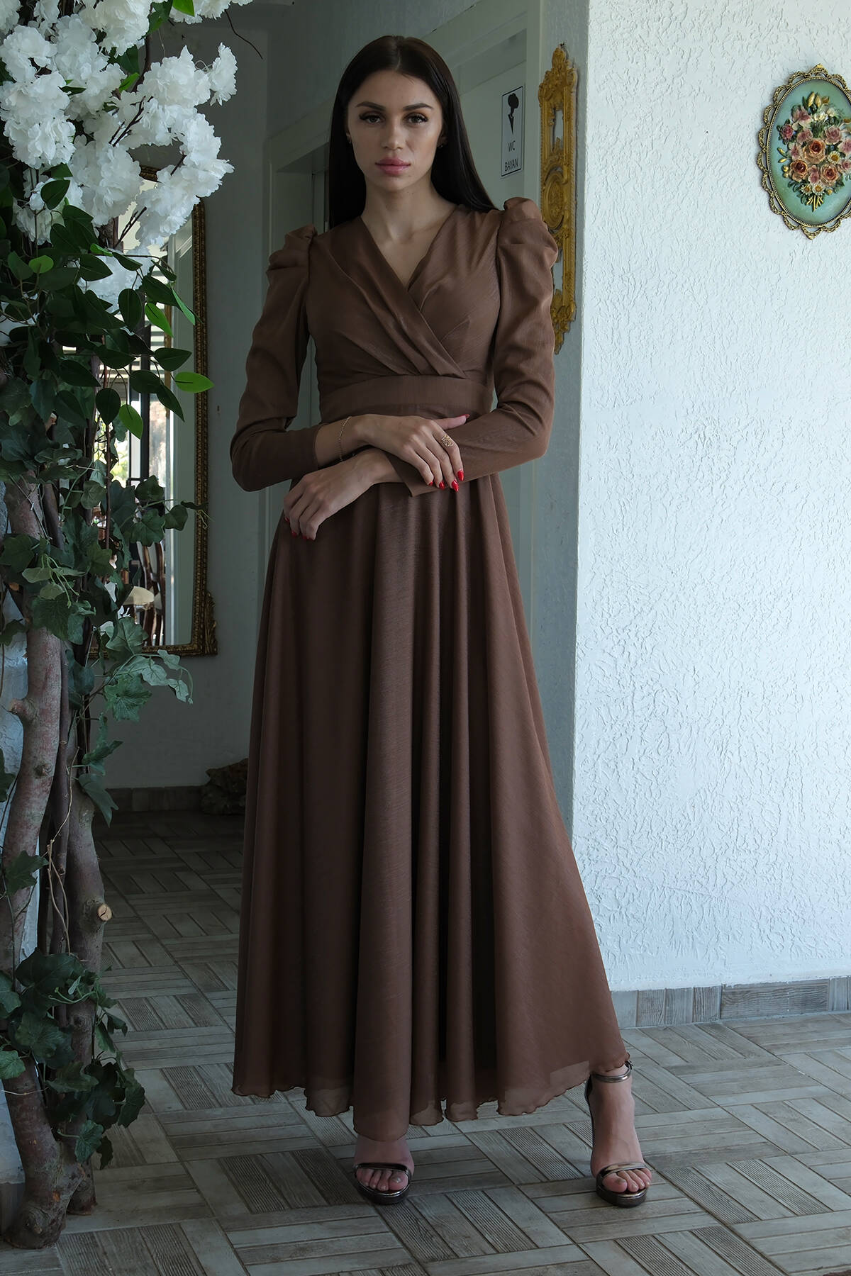 Kahve V Yaka Parıltılı Uzun Kollu Abiye 6502514.05 - Ardanewline