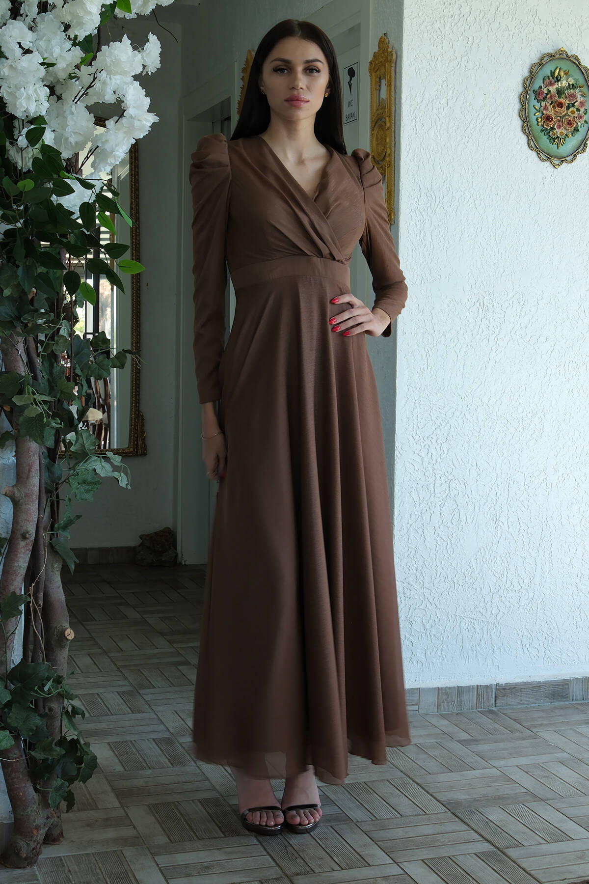 Kahve V Yaka Parıltılı Uzun Kollu Abiye 6502514.05 - Ardanewline (1)