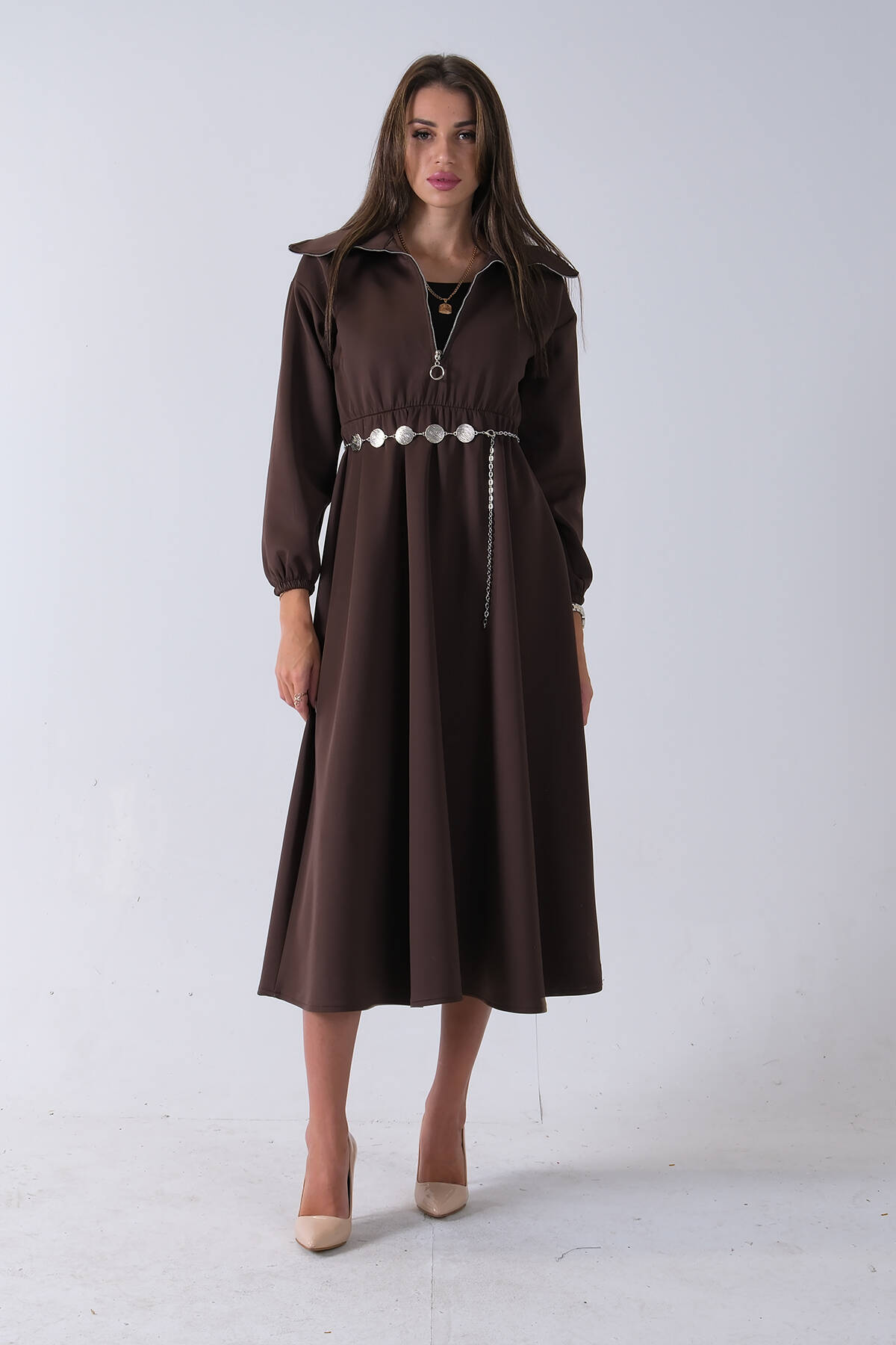 Kahve Yaka Fermuar Detaylı Bel ve Bileği Lastikli Kemerli Scuba Elbise 4593455.05 - Ardanewline