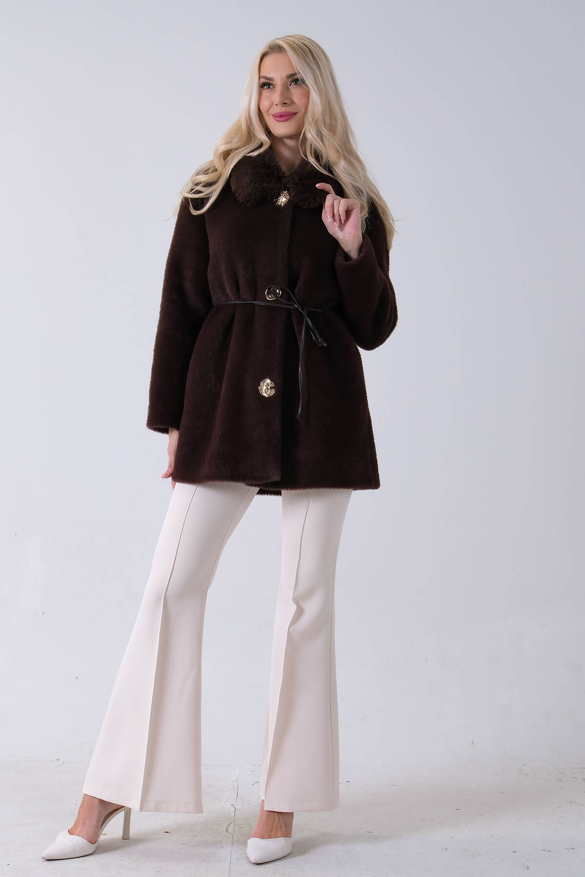 Kahve Yaka Kürklü Deri Bağcık Bağlamalı Yün Peluş Mont 4579038.05 - Ardanewline (1)
