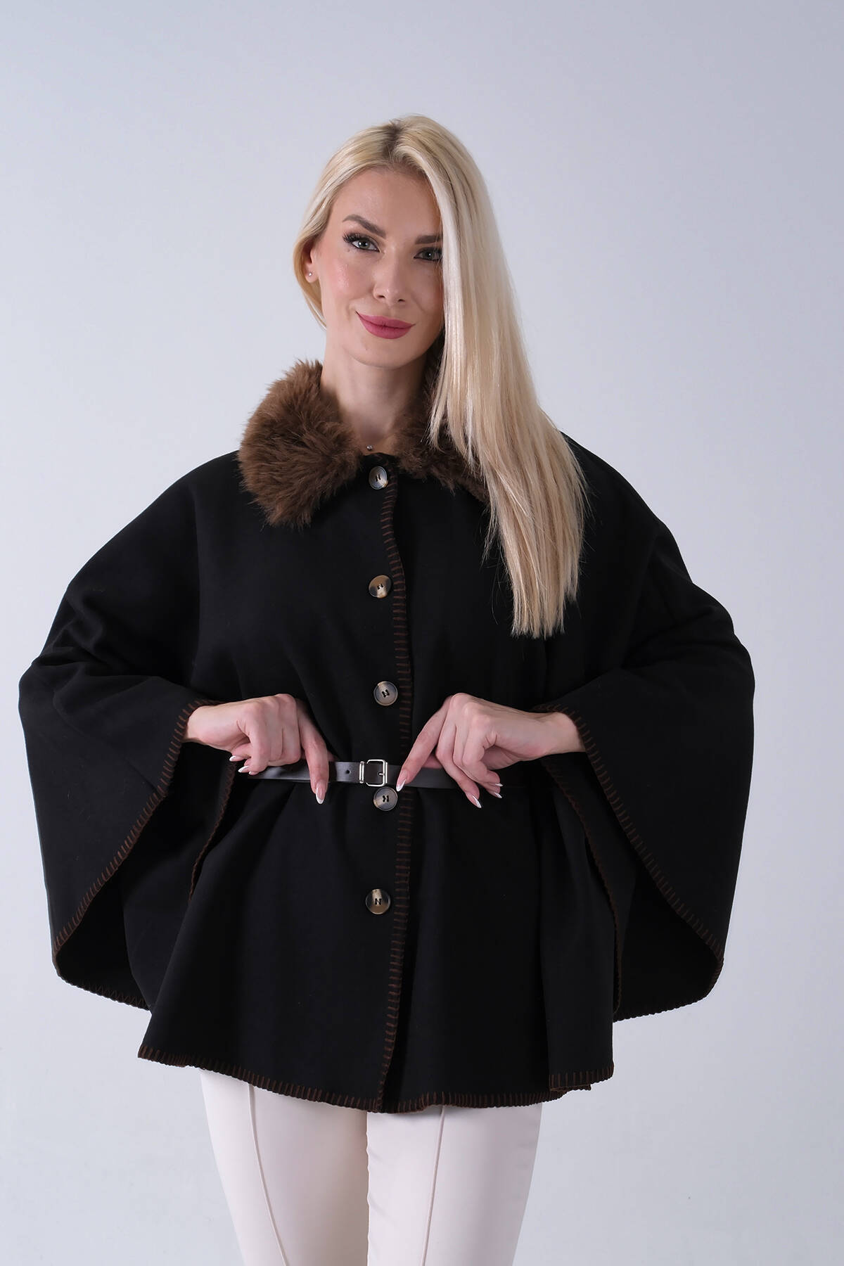 Kahve Yakası Kürklü Dikiş Detaylı Kemerli Panço 47122731.05 - Ardanewline